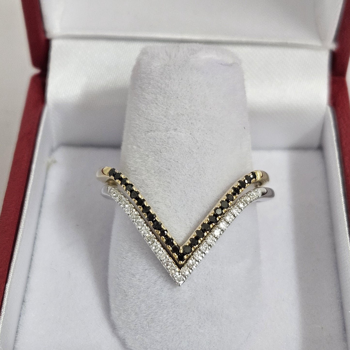 18K Gold Black Diamond V Ring: Handmade Stackable Anniversary Ring