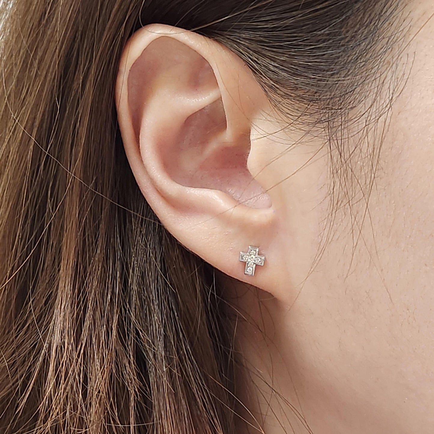 14k Gold Diamond Cross Earrings, Handmade Dainty Studs
