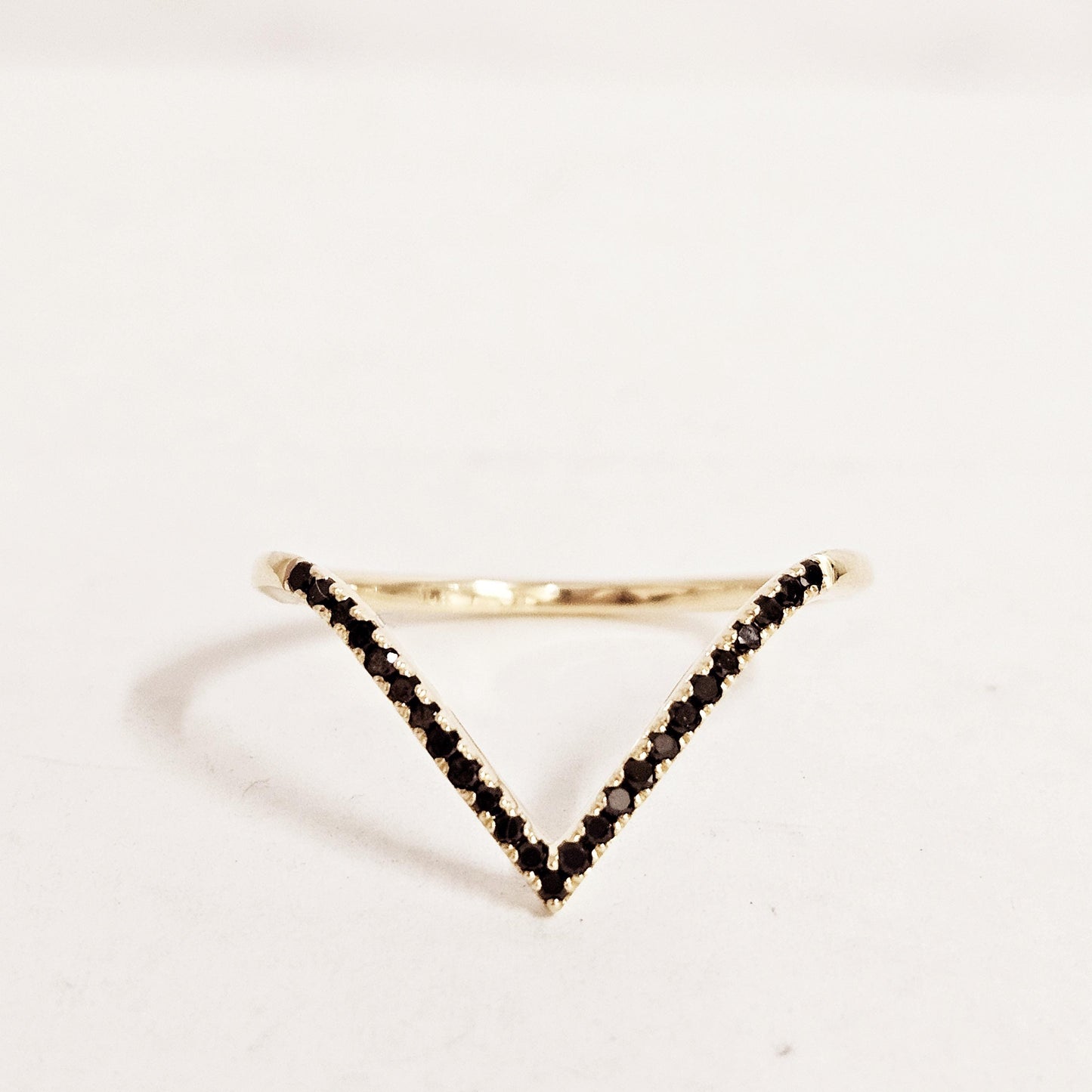 18K Gold Black Diamond V Ring: Handmade Stackable Anniversary Ring