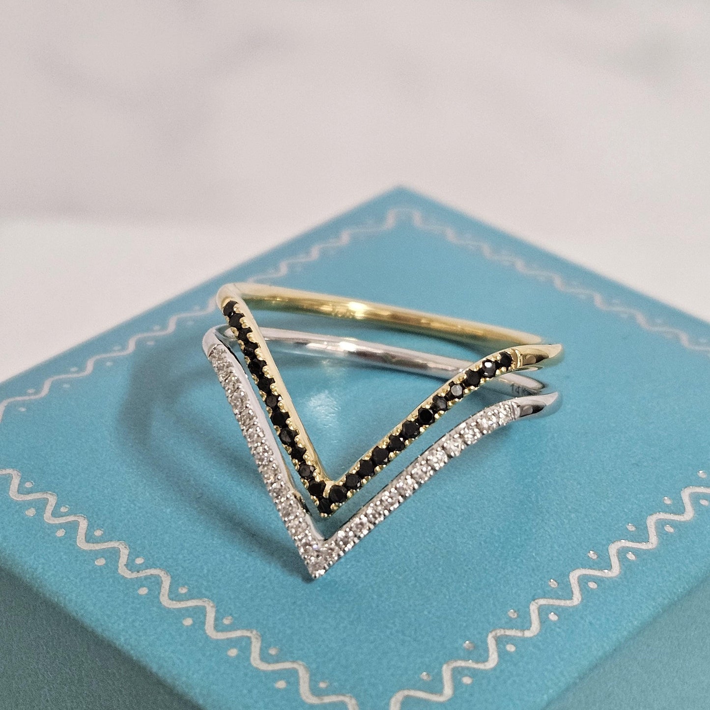 18K Gold Black Diamond V Ring: Handmade Stackable Anniversary Ring
