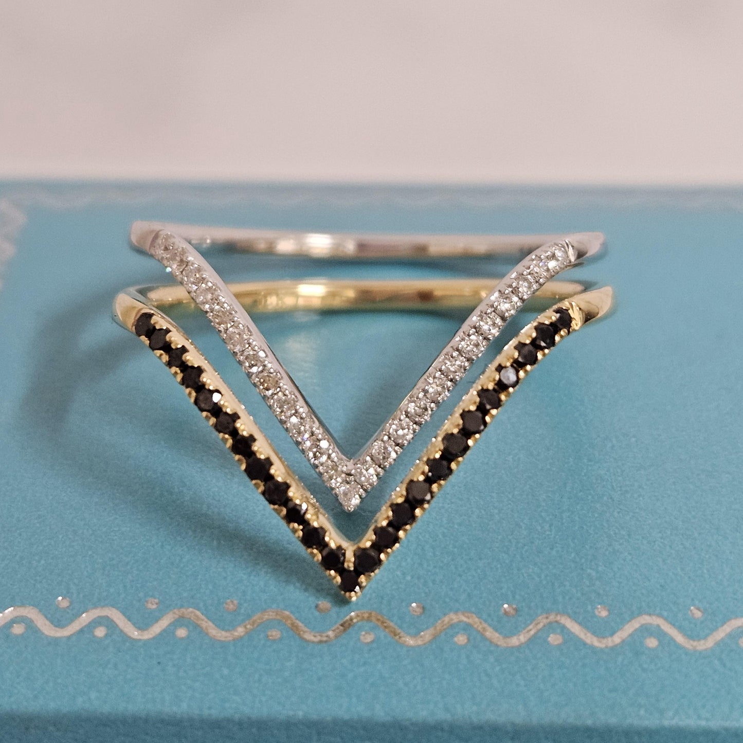 18K Gold Black Diamond V Ring: Handmade Stackable Anniversary Ring