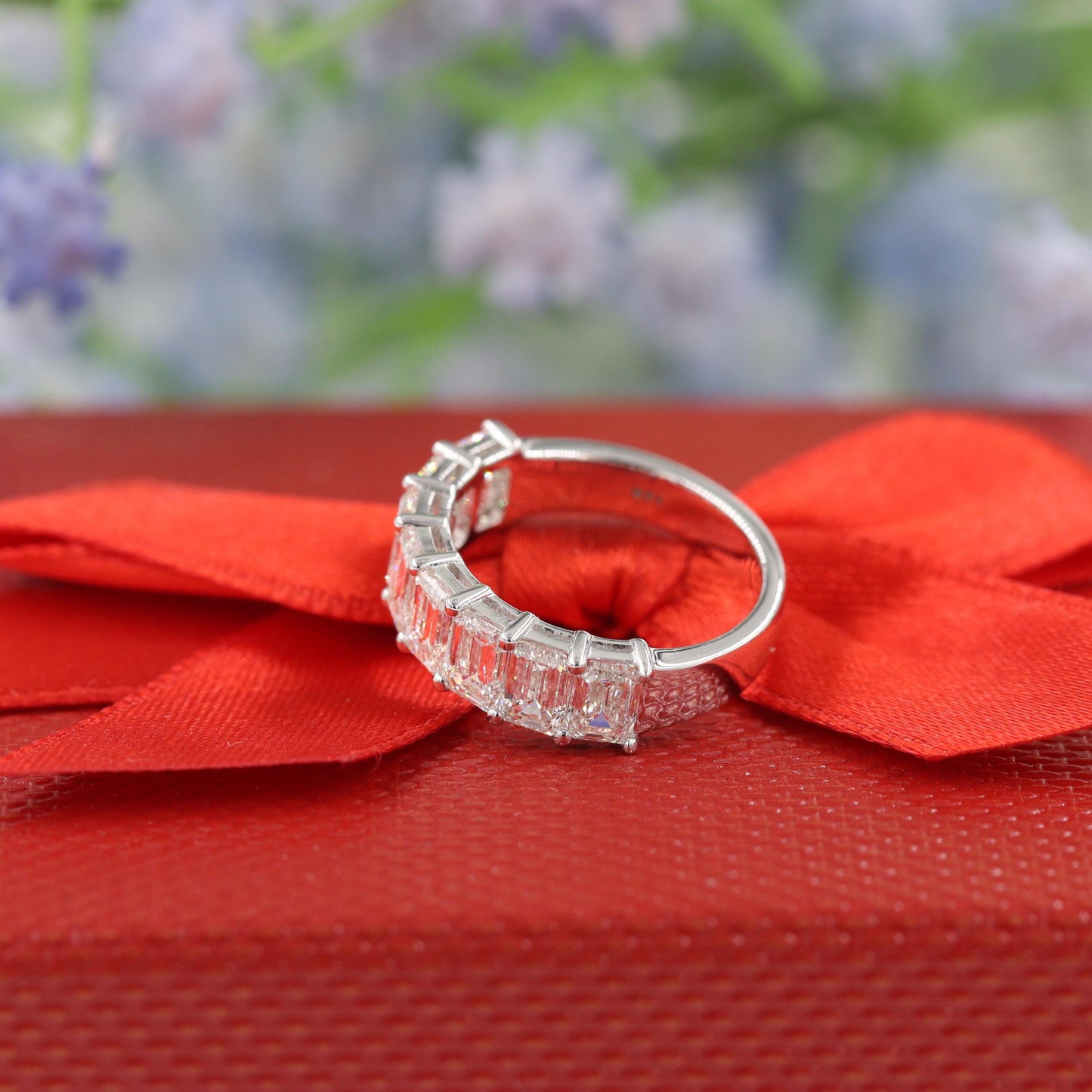GIA Emerald Cut Diamond Ring: 14K Gold Half Eternity Wedding Band