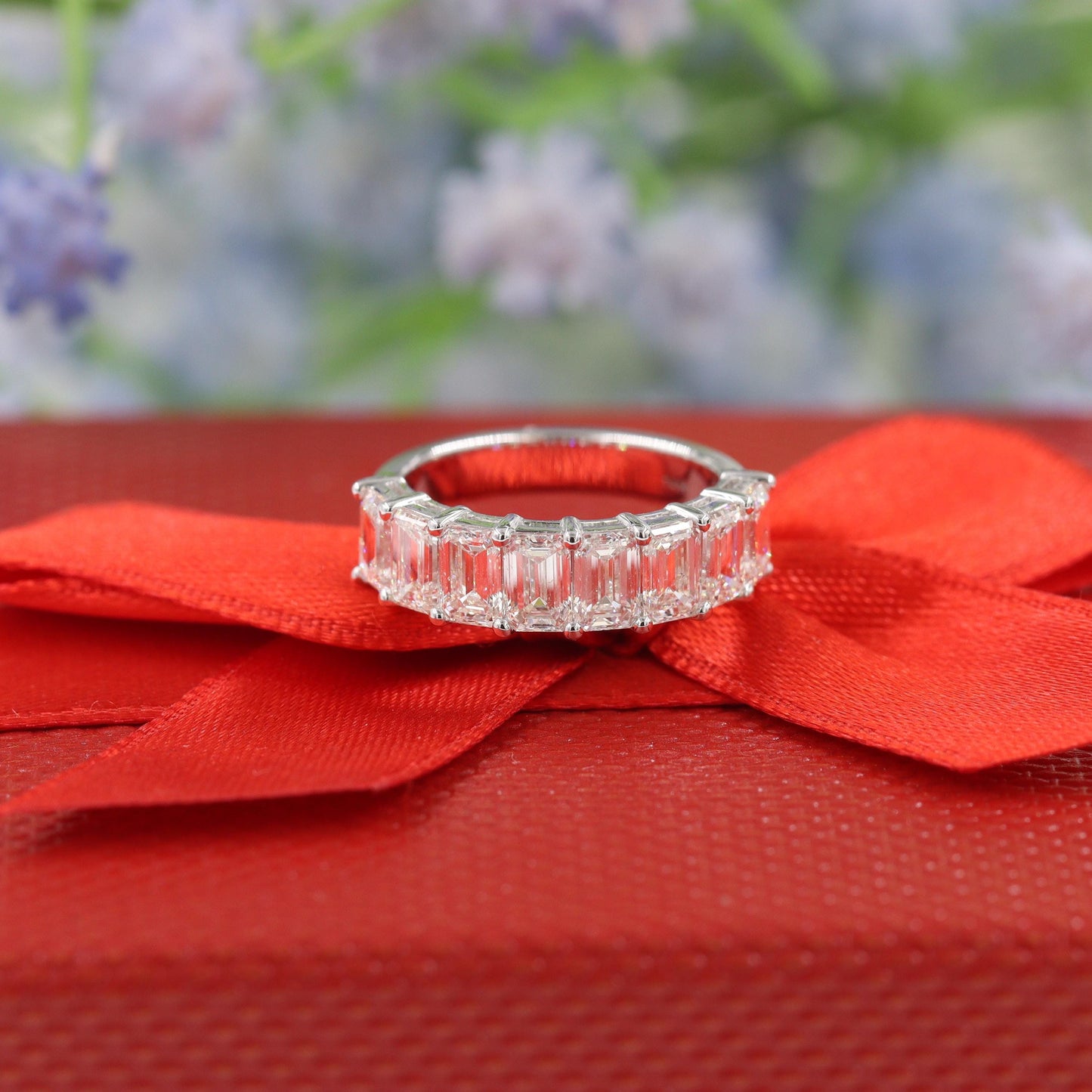 GIA Emerald Cut Diamond Ring: 14K Gold Half Eternity Wedding Band