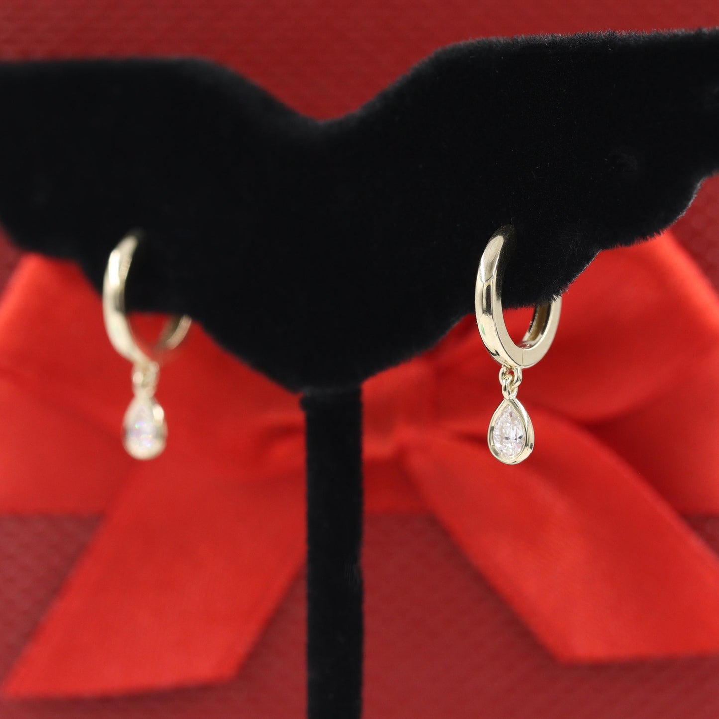 14K Gold Hoop Earrings: Natural Diamond Pear Charm, Handmade - Anniversary gift