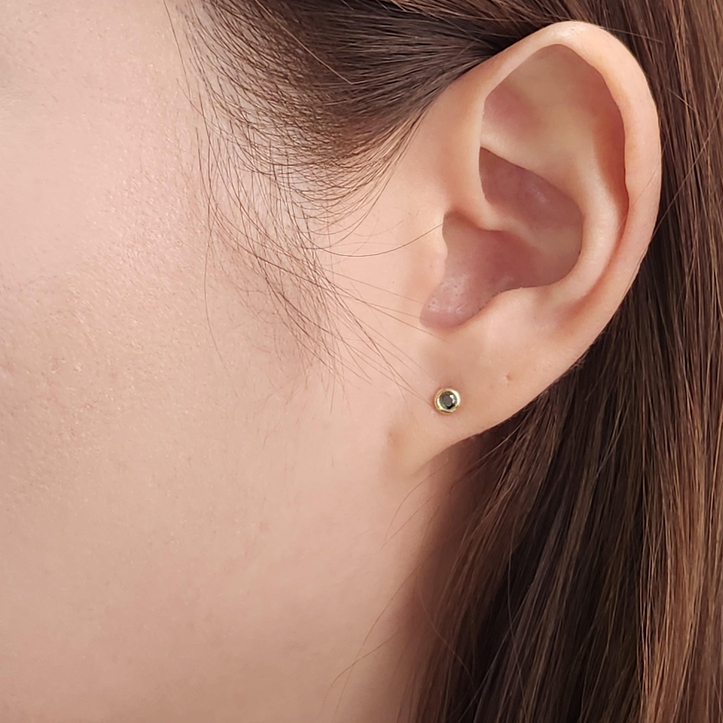 14K Gold Solitaire Black Diamond Stud Earrings: Bezel Set