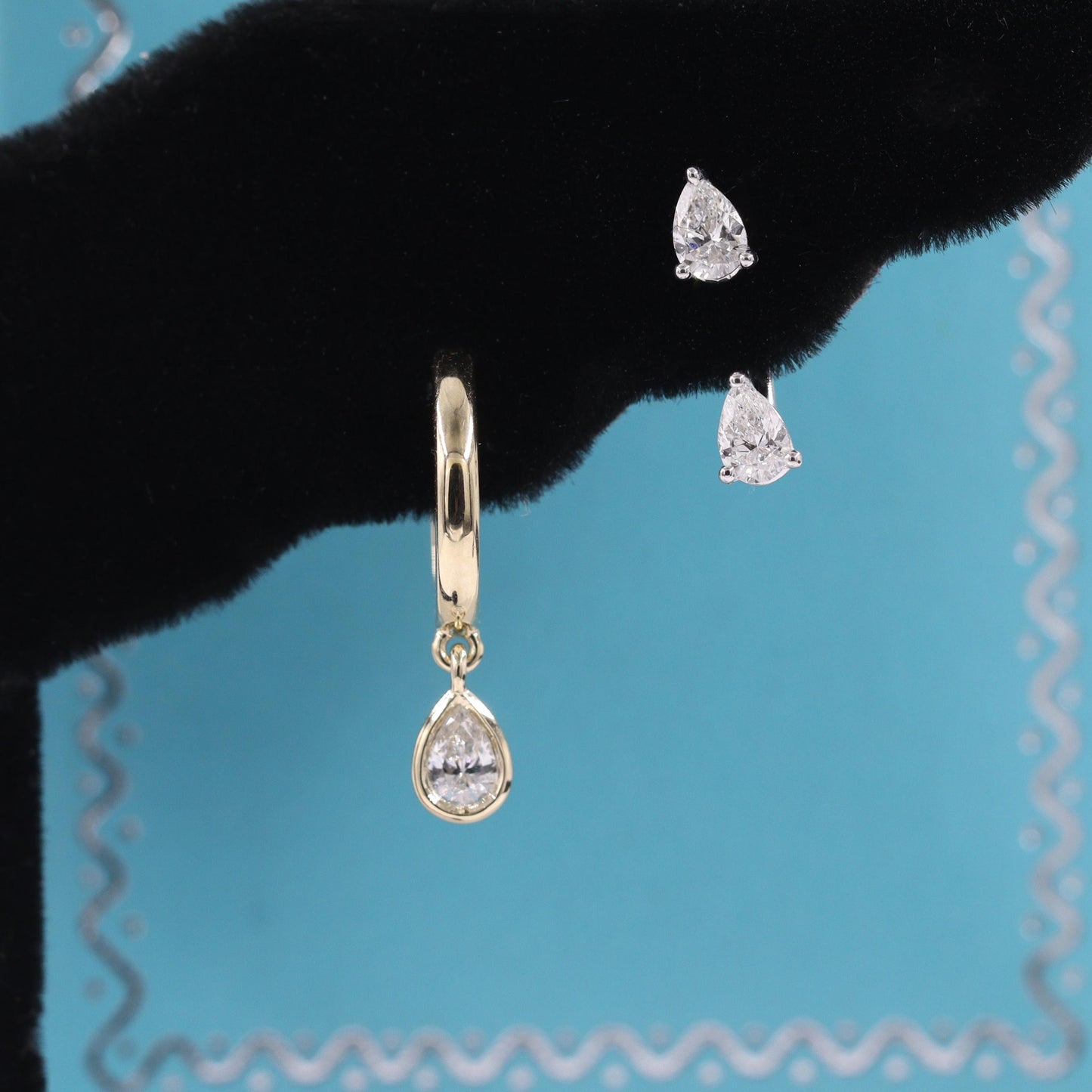 14K Gold Hoop Earrings: Natural Diamond Pear Charm, Handmade - Anniversary gift