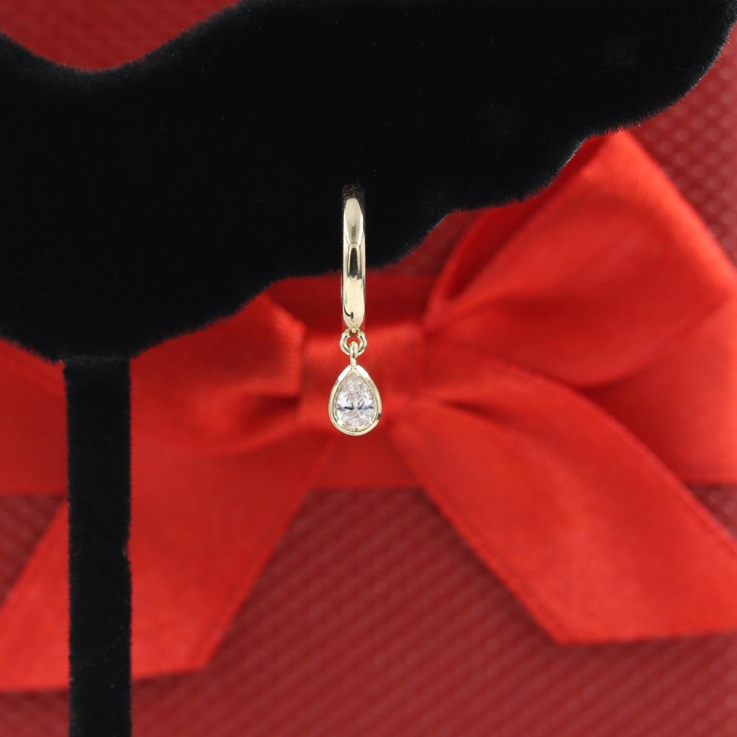 14K Gold Hoop Earrings: Natural Diamond Pear Charm, Handmade - Anniversary gift