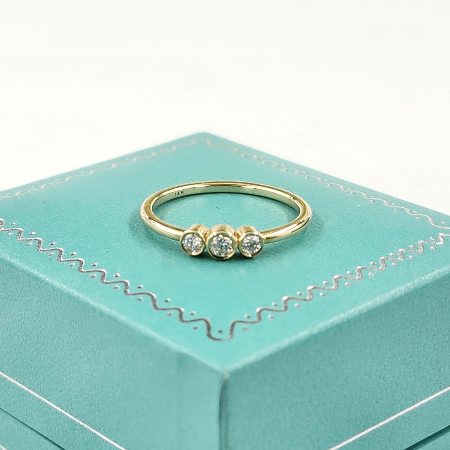 Dainty 14K Gold 0.1ct Natura Diamond Ring: Three Stone Bezel Setting Diamond Ring - Anniversary gift