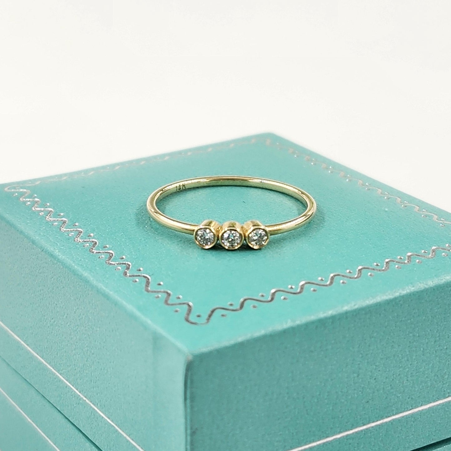 Dainty 14K Gold 0.1ct Natura Diamond Ring: Three Stone Bezel Setting Diamond Ring - Anniversary gift