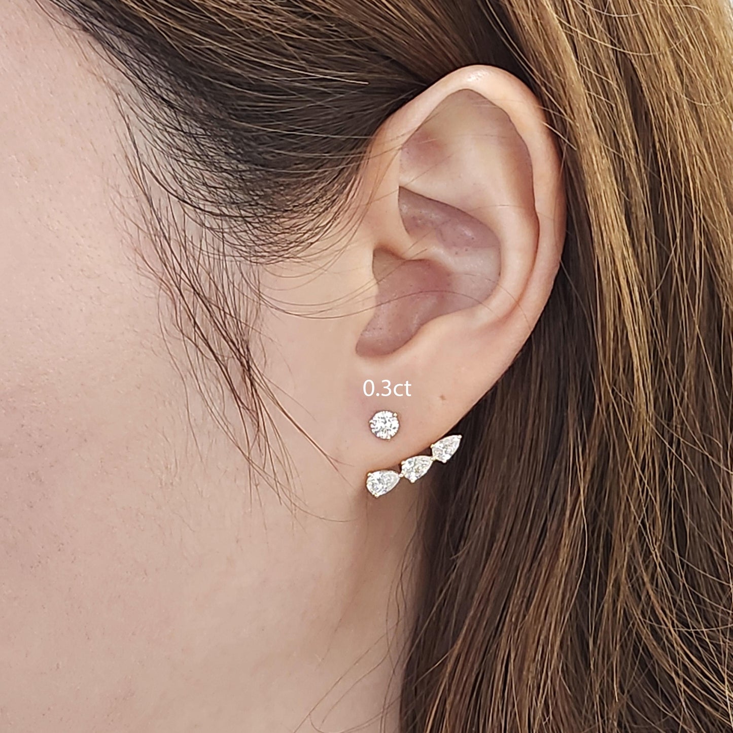 14K Gold Pear Diamond Earring Jacket: Handmade Three Stone Design Jacket earring - Anniversary gift