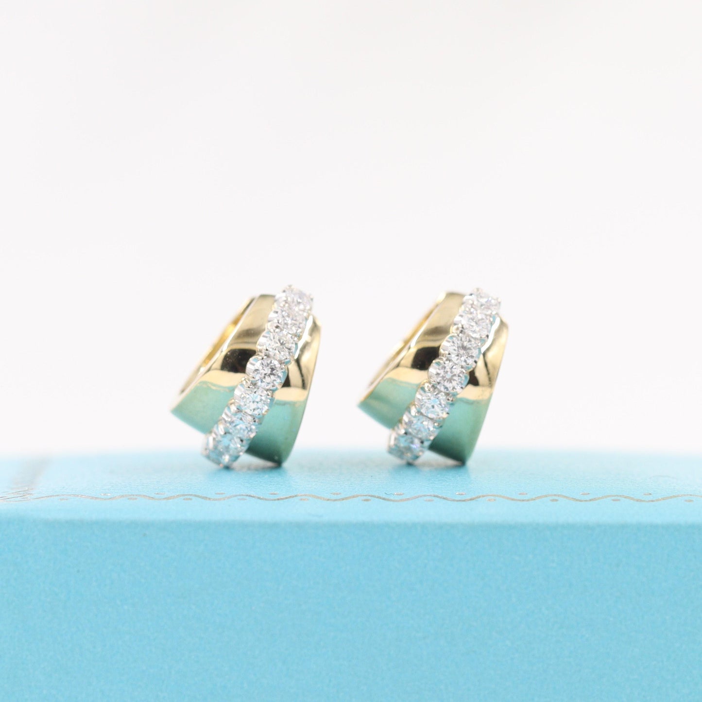 14K gold Natural Diamond Medium Earrings/Two Tone gold Diamond Hoop Earrings/Diamond Hoops/Anniversary gift