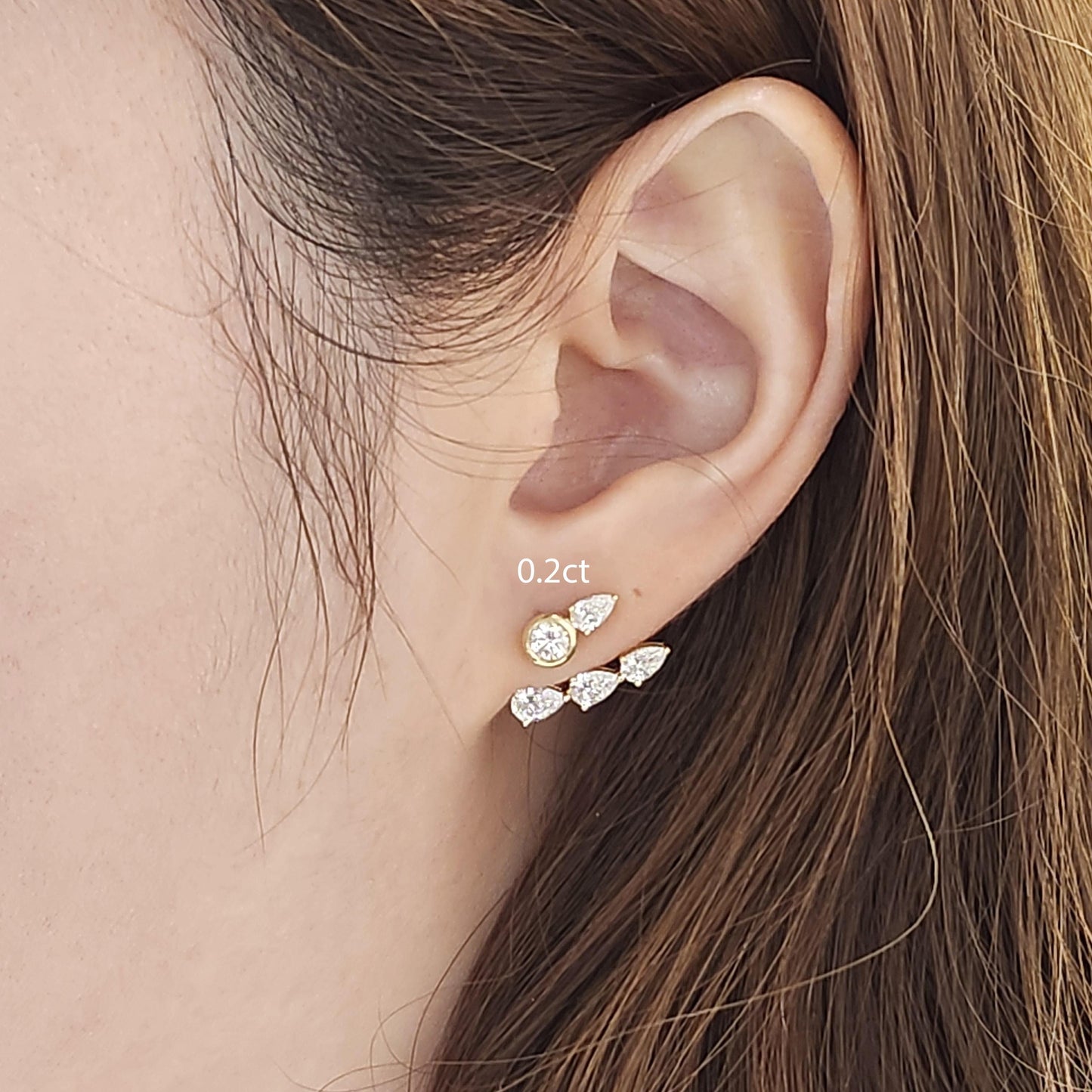 14K Gold Pear Diamond Earring Jacket: Handmade Three Stone Design Jacket earring - Anniversary gift