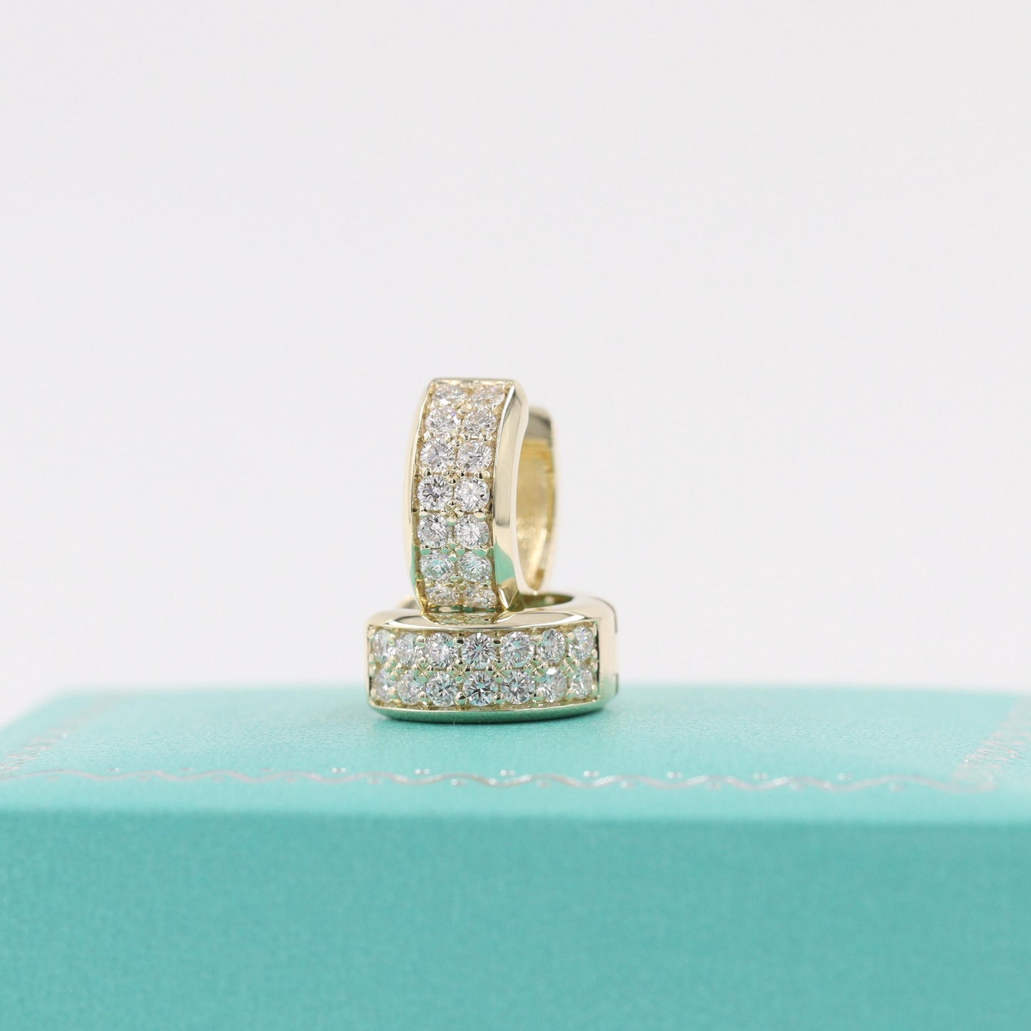 14k Gold 2 Row Natural Diamond Huggie Earrings, Two Row Anniversary Gift