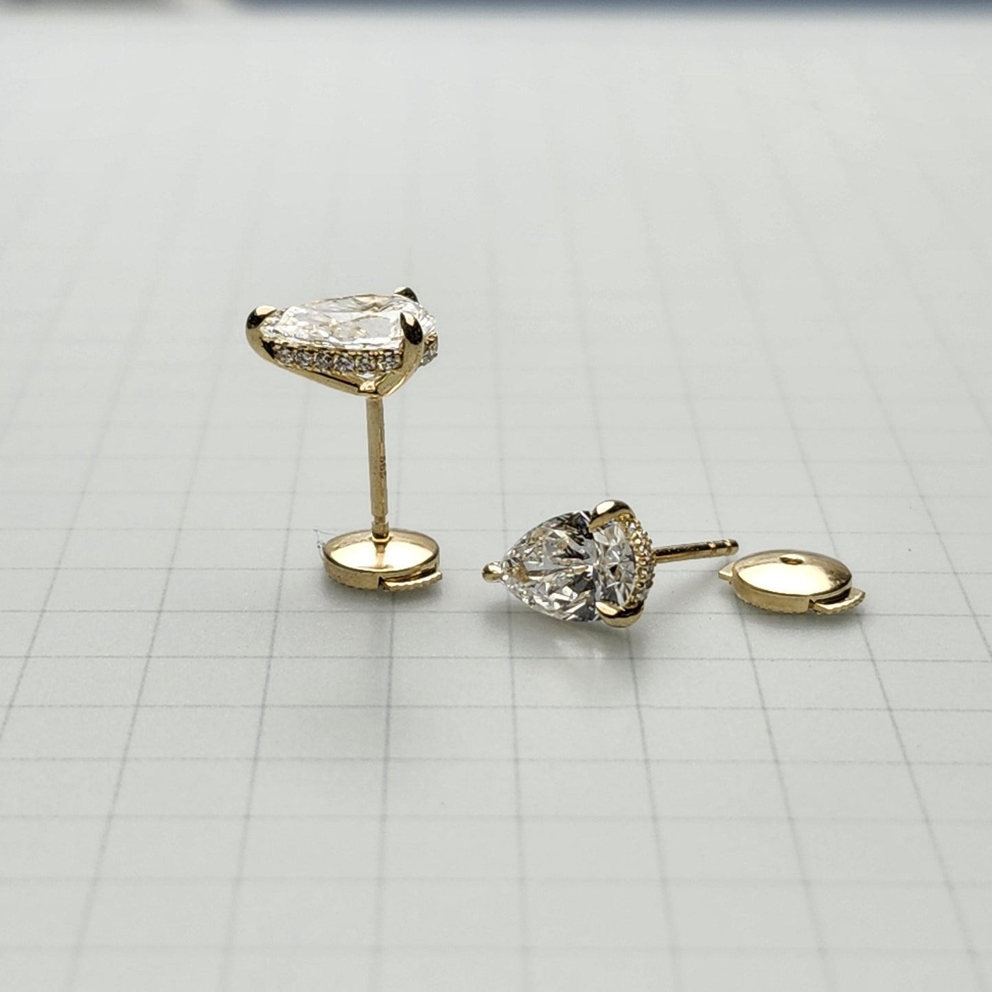 Total 2.14ct Pear Diamond Stud Earrings: 14k Gold, Hidden Halo Stud Earring - Anniversary gift