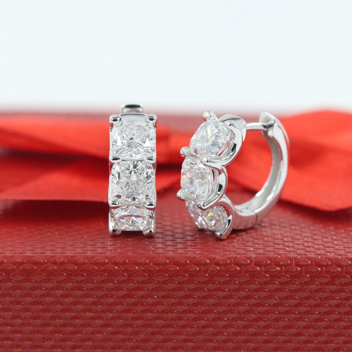 Cushion Cut Diamond Huggie Earrings: 14k Gold U-Shape Set Diamond Earring - Anniversary gift