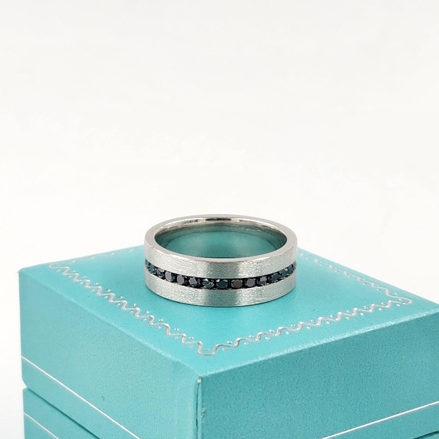 Platinum Black Diamond Men's Wedding Band - Handmade Anniversary Ring