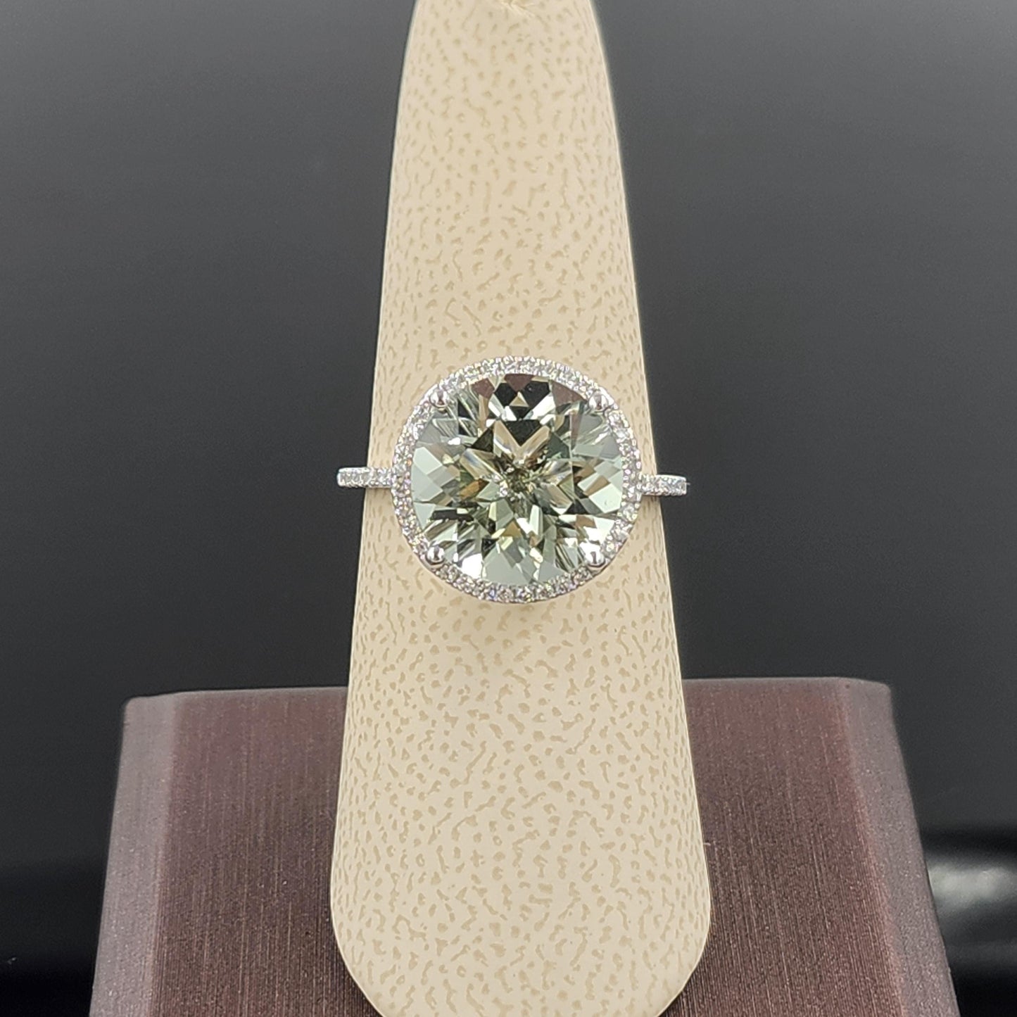 Handmade 5ct Green Amethyst Ring: 14K Gold Diamond Halo Ring - Anniversary gift