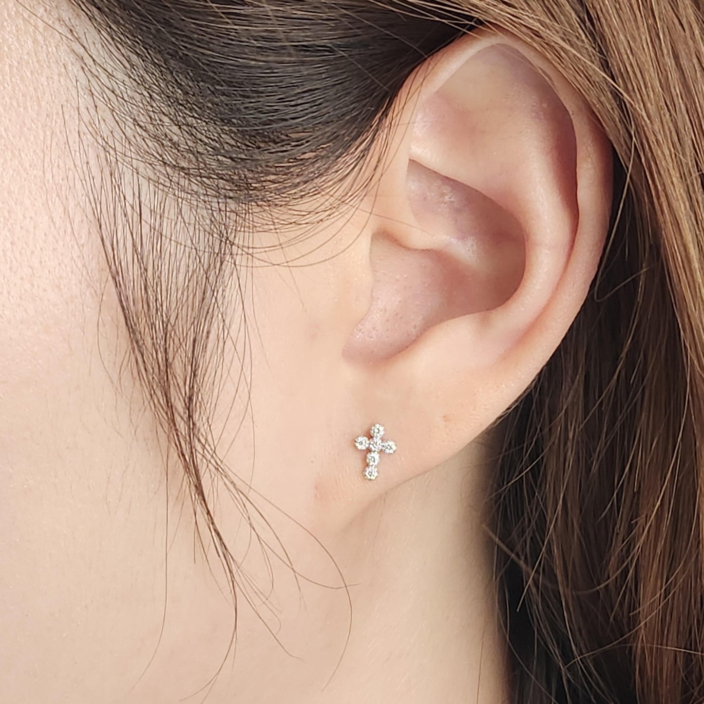 14k Gold Natural Diamond Cross Stud Earrings: Dainty Handmade Jewelry
