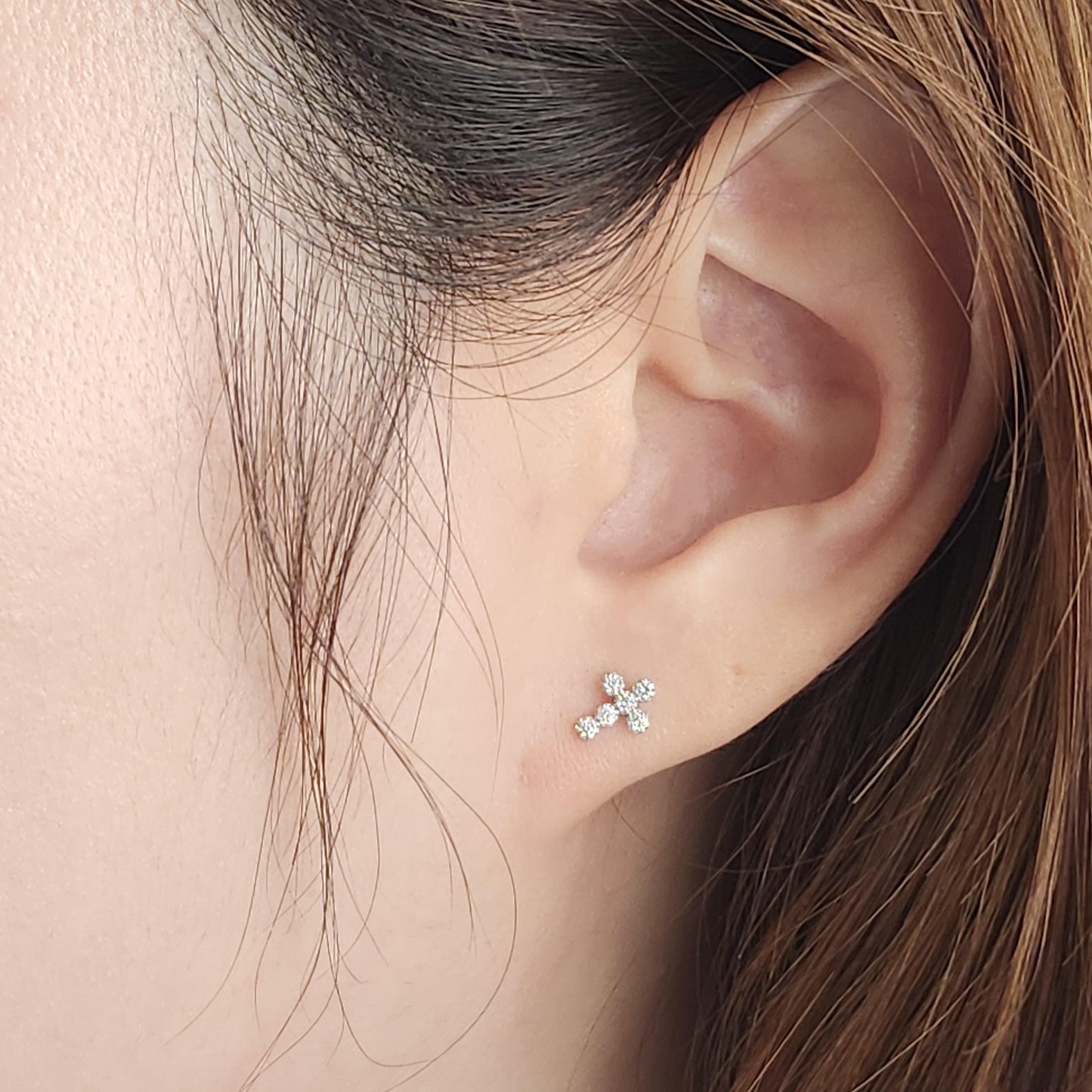 14k Gold Natural Diamond Cross Stud Earrings: Dainty Handmade Jewelry