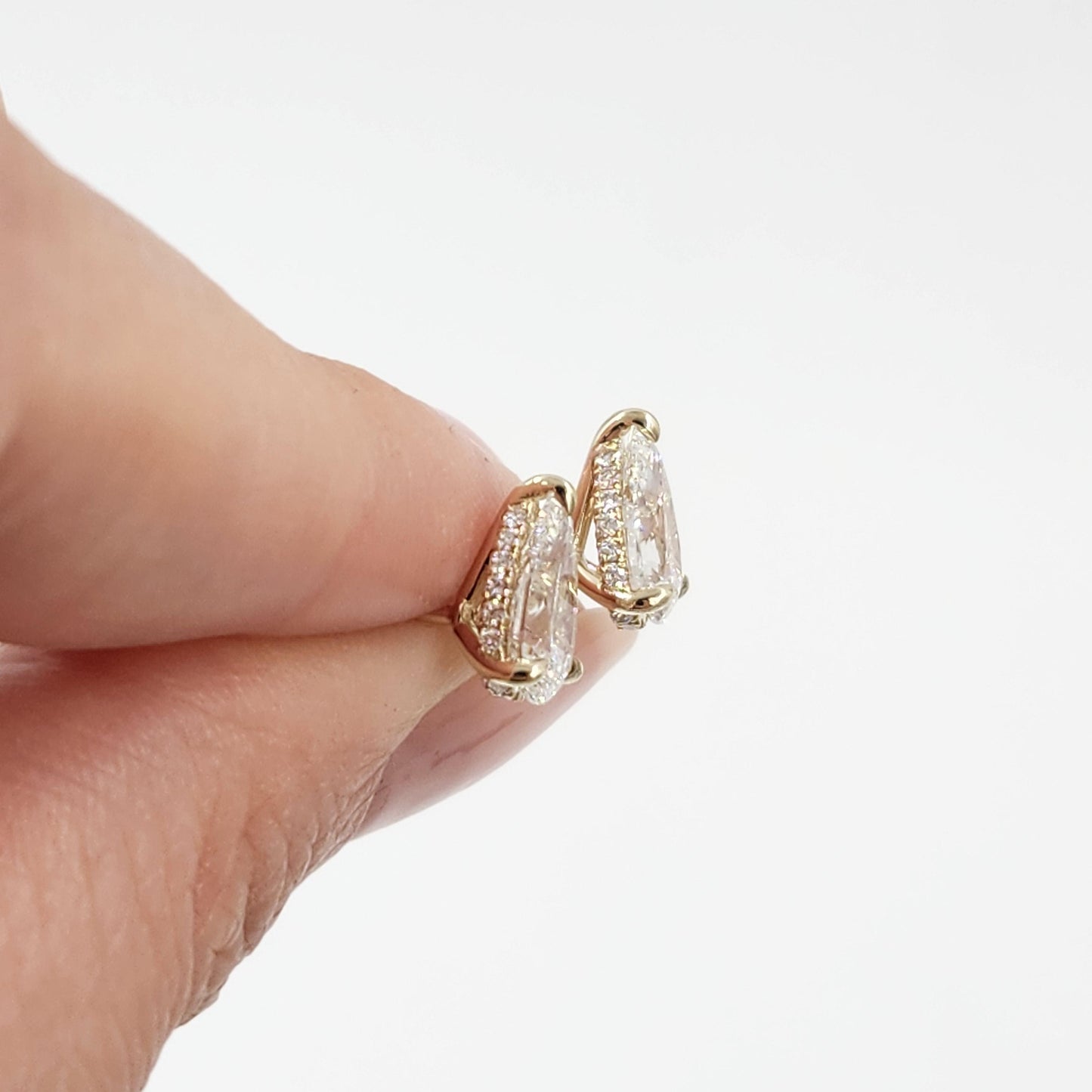 Total 2.14ct Pear Diamond Stud Earrings: 14k Gold, Hidden Halo Stud Earring - Anniversary gift