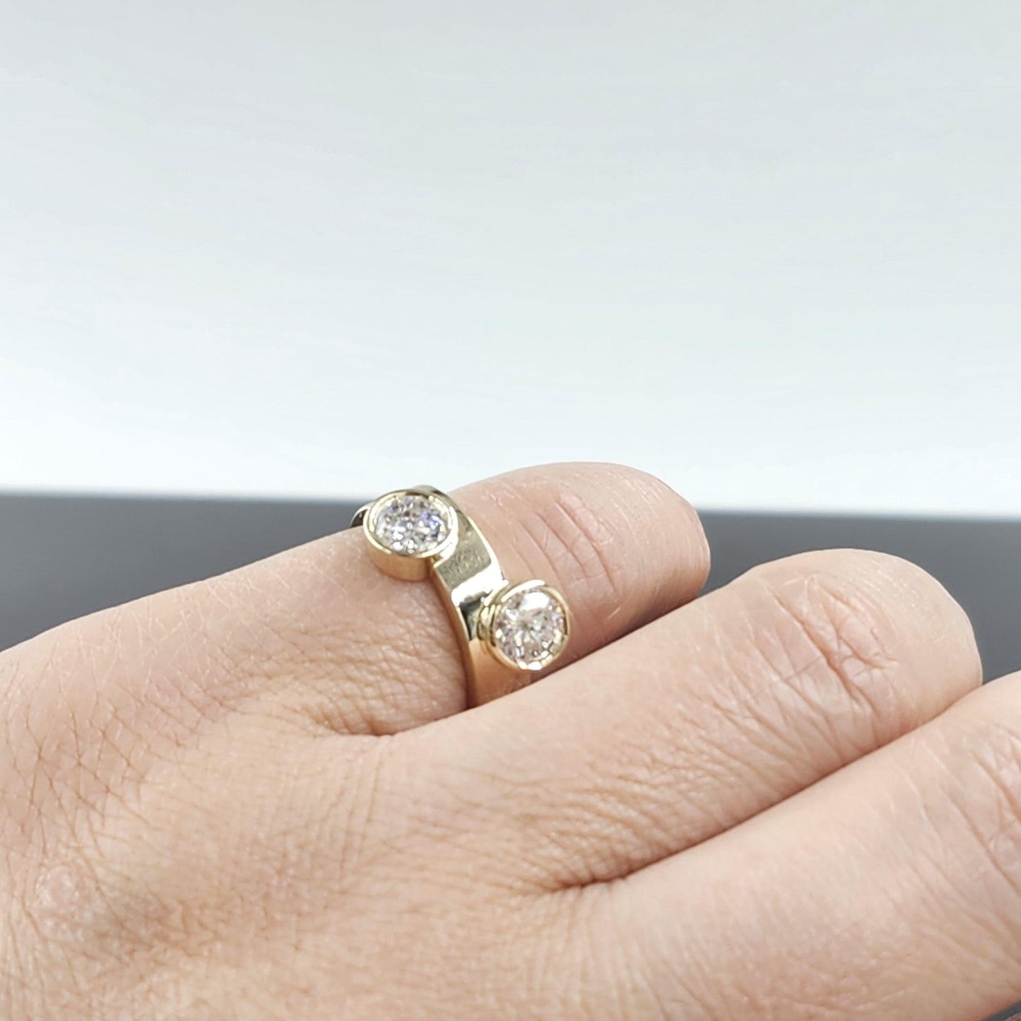 Two Stones Diamond Ring - 14K Gold  Unique Diamond Anniversary Gift