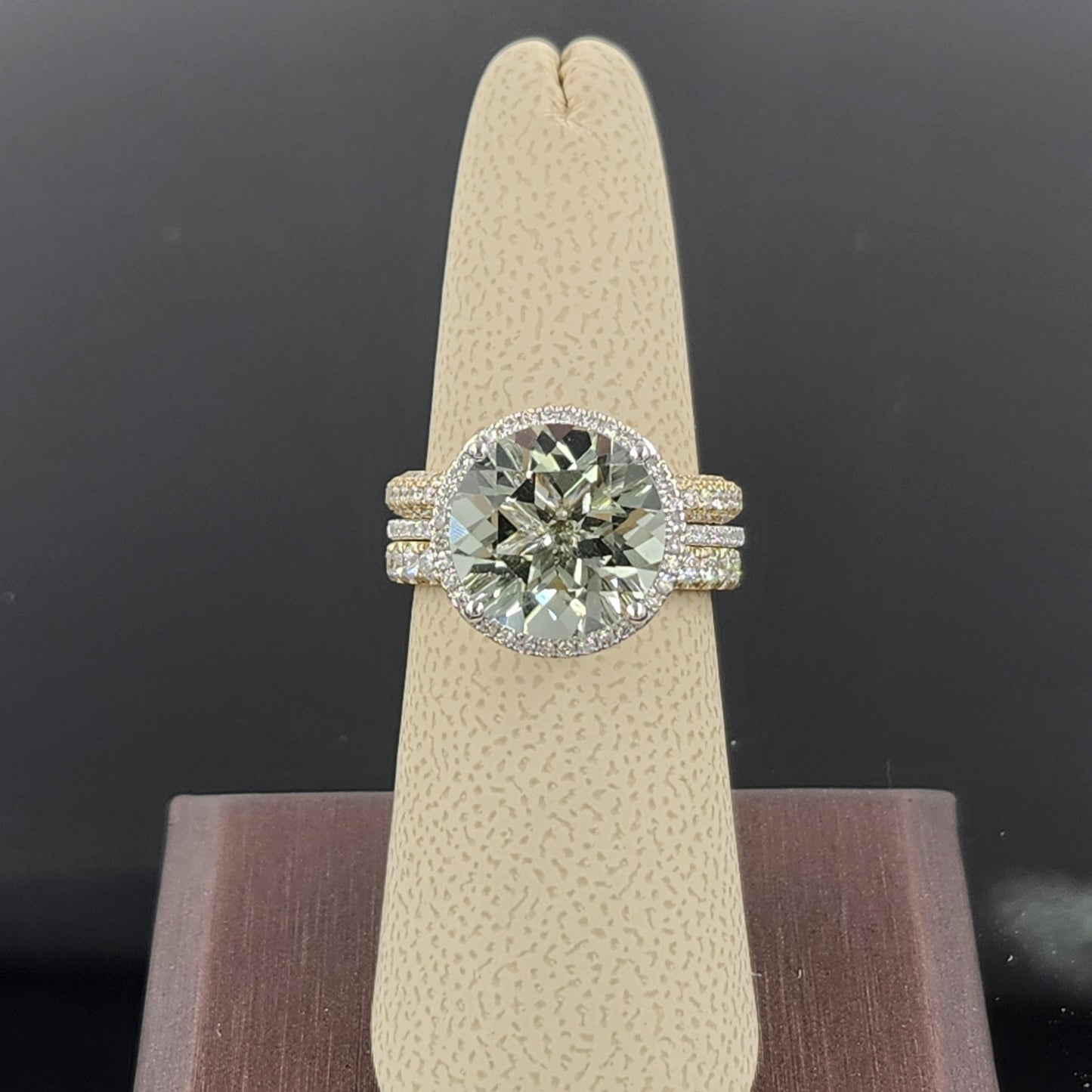 Handmade 5ct Green Amethyst Ring: 14K Gold Diamond Halo Ring - Anniversary gift