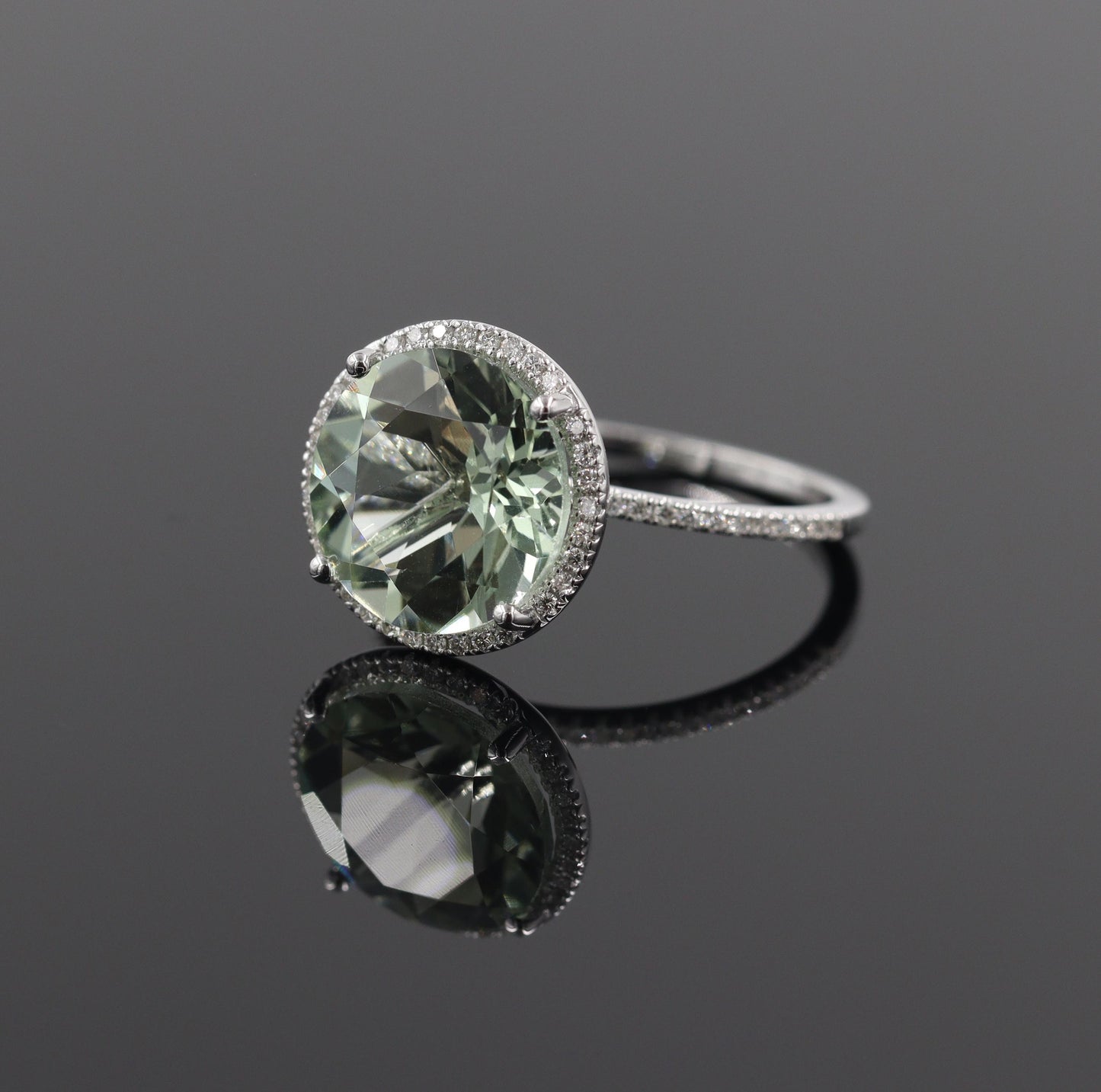 Handmade 5ct Green Amethyst Ring: 14K Gold Diamond Halo Ring - Anniversary gift