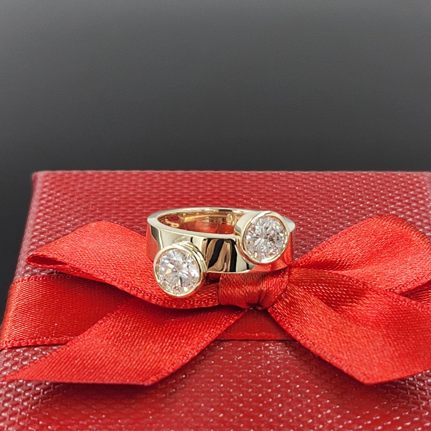 Two Stones Diamond Ring - 14K Gold  Unique Diamond Anniversary Gift