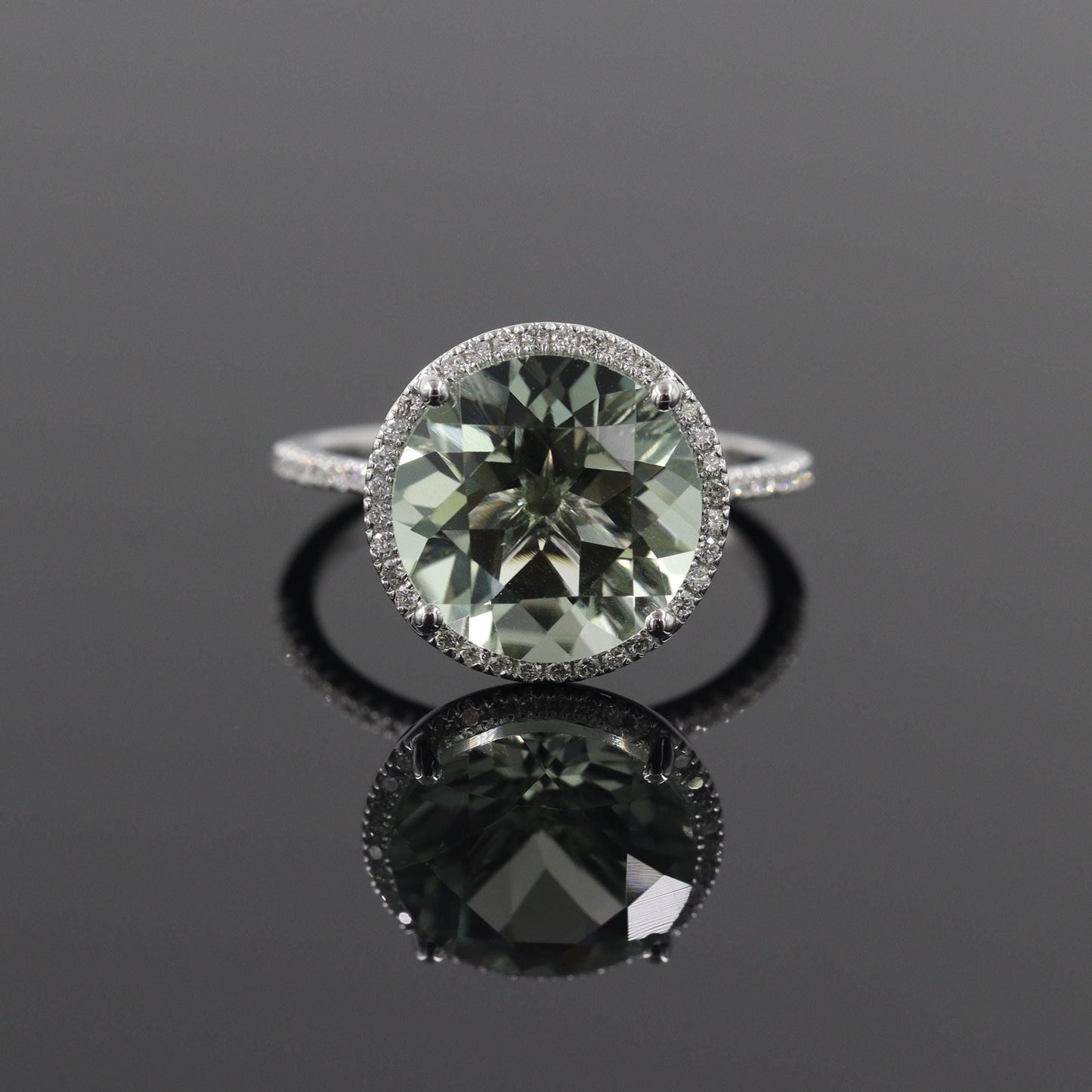 Handmade 5ct Green Amethyst Ring: 14K Gold Diamond Halo Ring - Anniversary gift