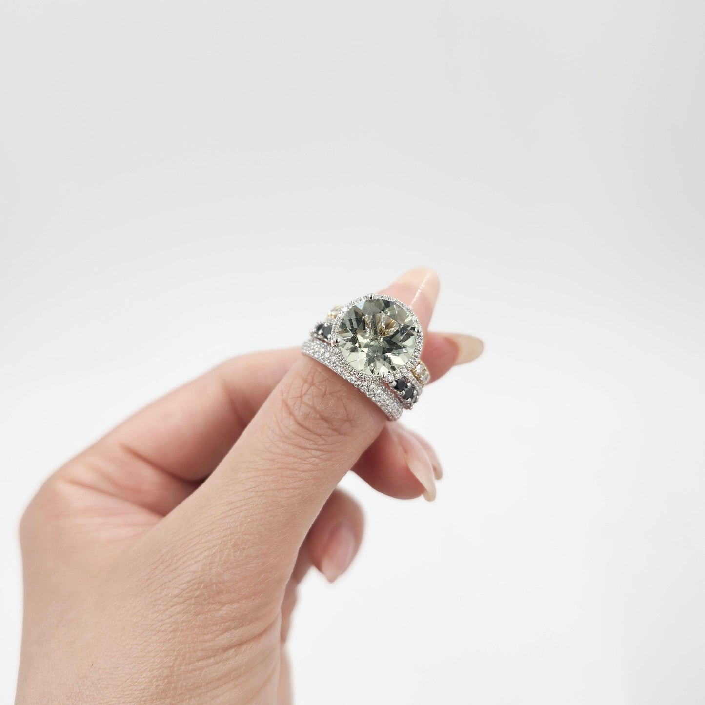 Handmade 5ct Green Amethyst Ring: 14K Gold Diamond Halo Ring - Anniversary gift