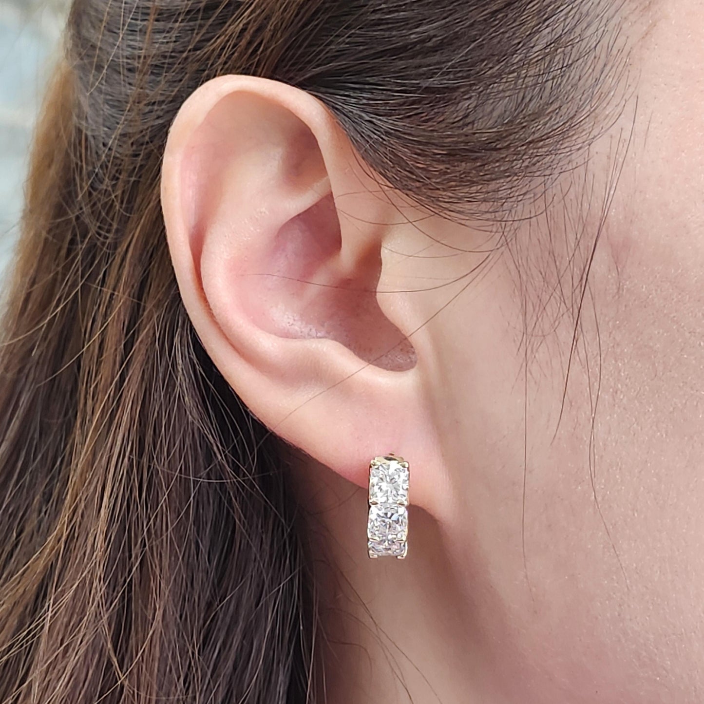 Cushion Cut Diamond Huggie Earrings: 14k Gold U-Shape Set Diamond Earring - Anniversary gift