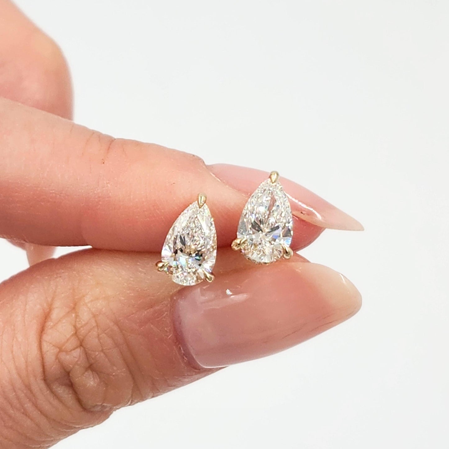 Total 2.14ct Pear Diamond Stud Earrings: 14k Gold, Hidden Halo Stud Earring - Anniversary gift