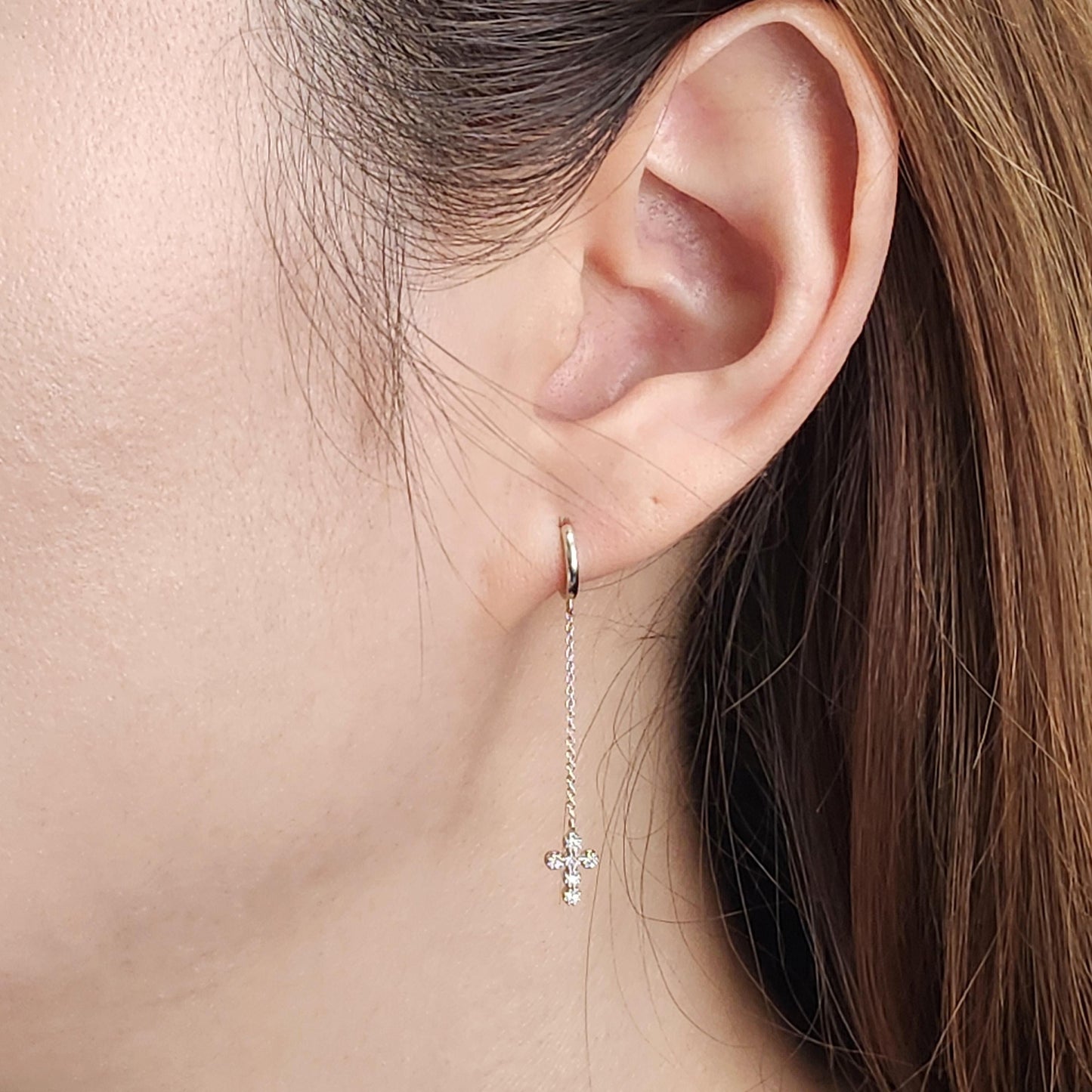 Natural Diamond Small Cross Charm with Gold Hoop Earring/14K gold Diameter 8.8mm Hoop Earring/Hoop Dangle Earrings/Anniversary gift