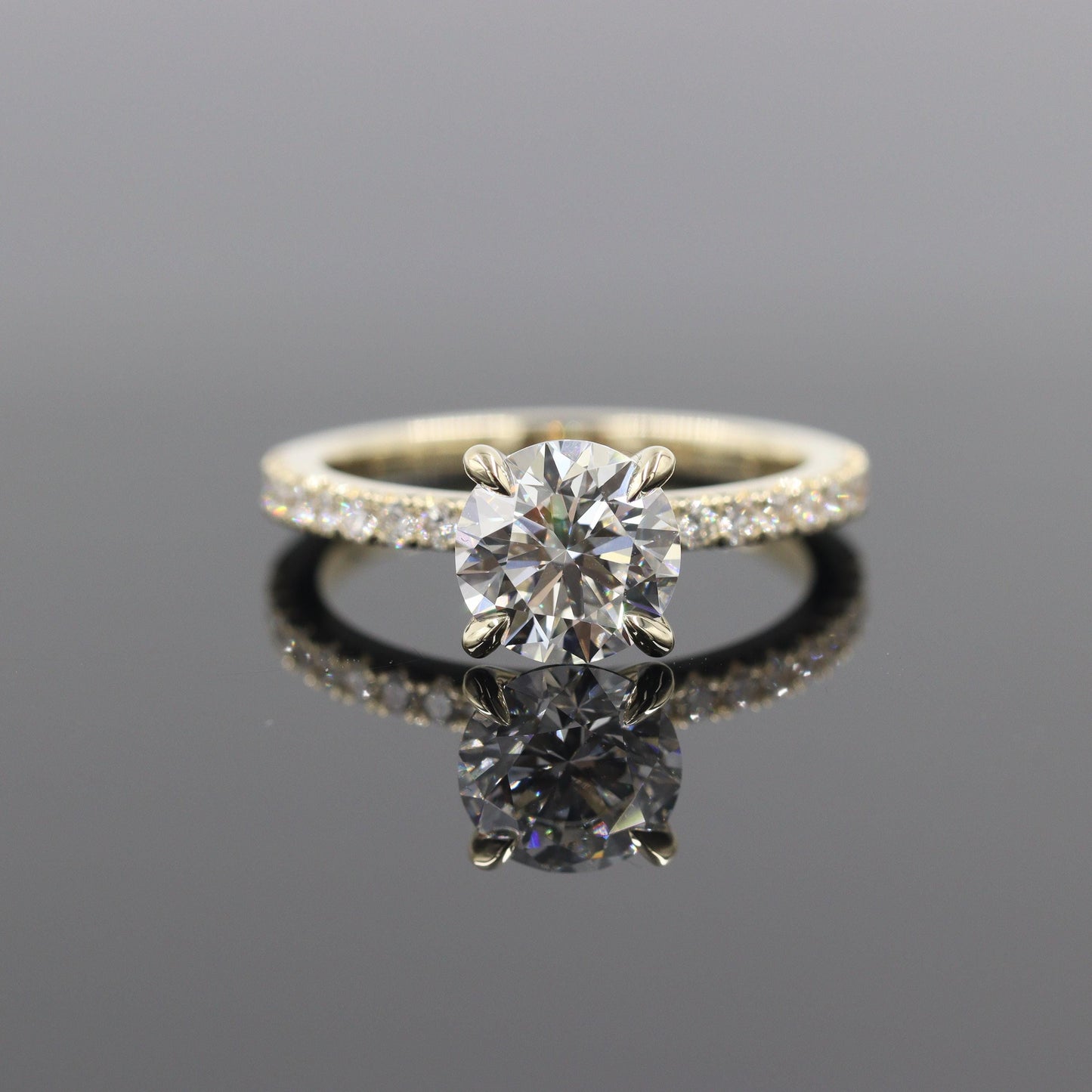2ct Round Diamond Engagement Ring: 14K Gold French Pave Diamond 4 Prong Ring - Anniversary gift