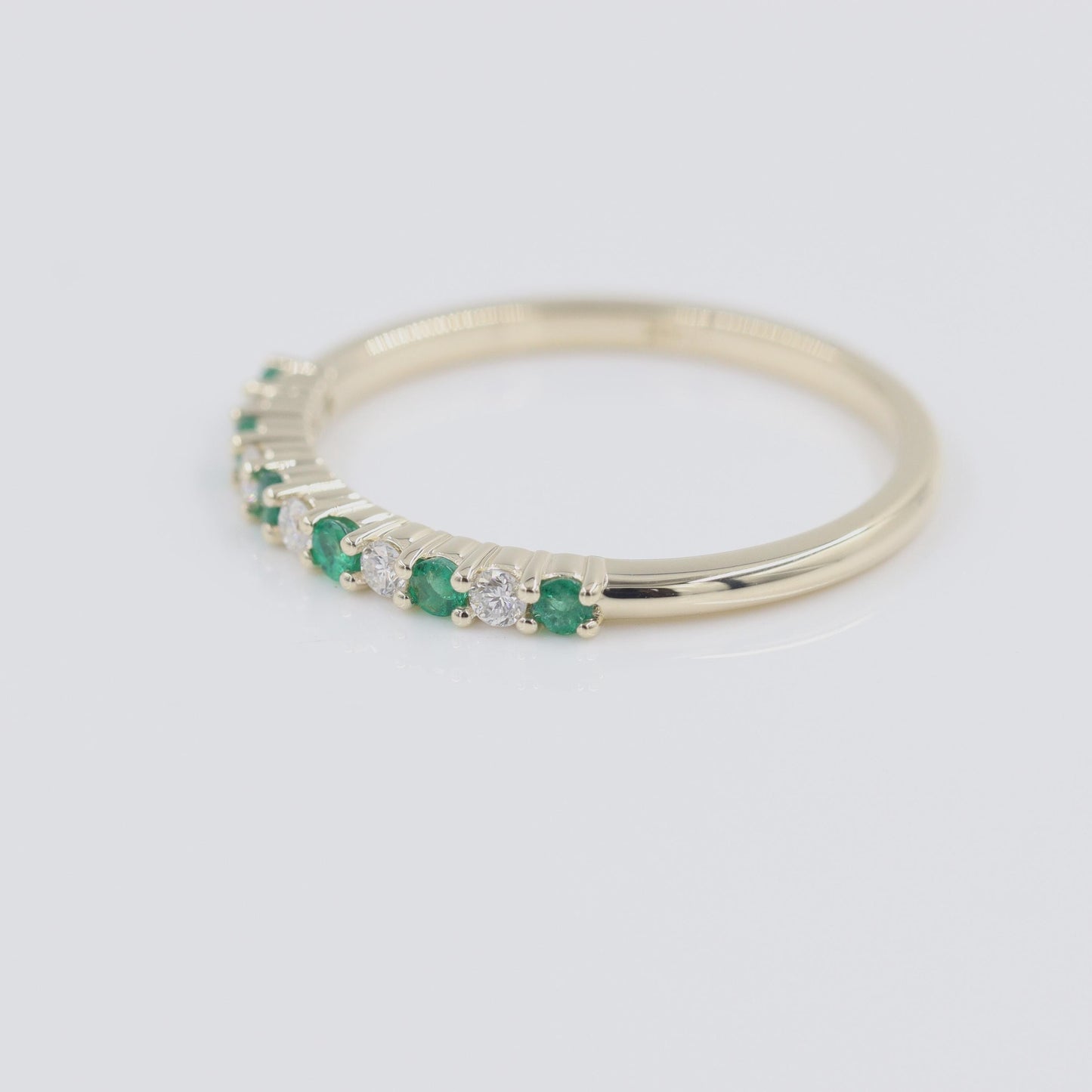 Emerald & Natural Diamond Half Eternity Ring: 14K Gold Stackable Wedding Band- Anniversary Gift