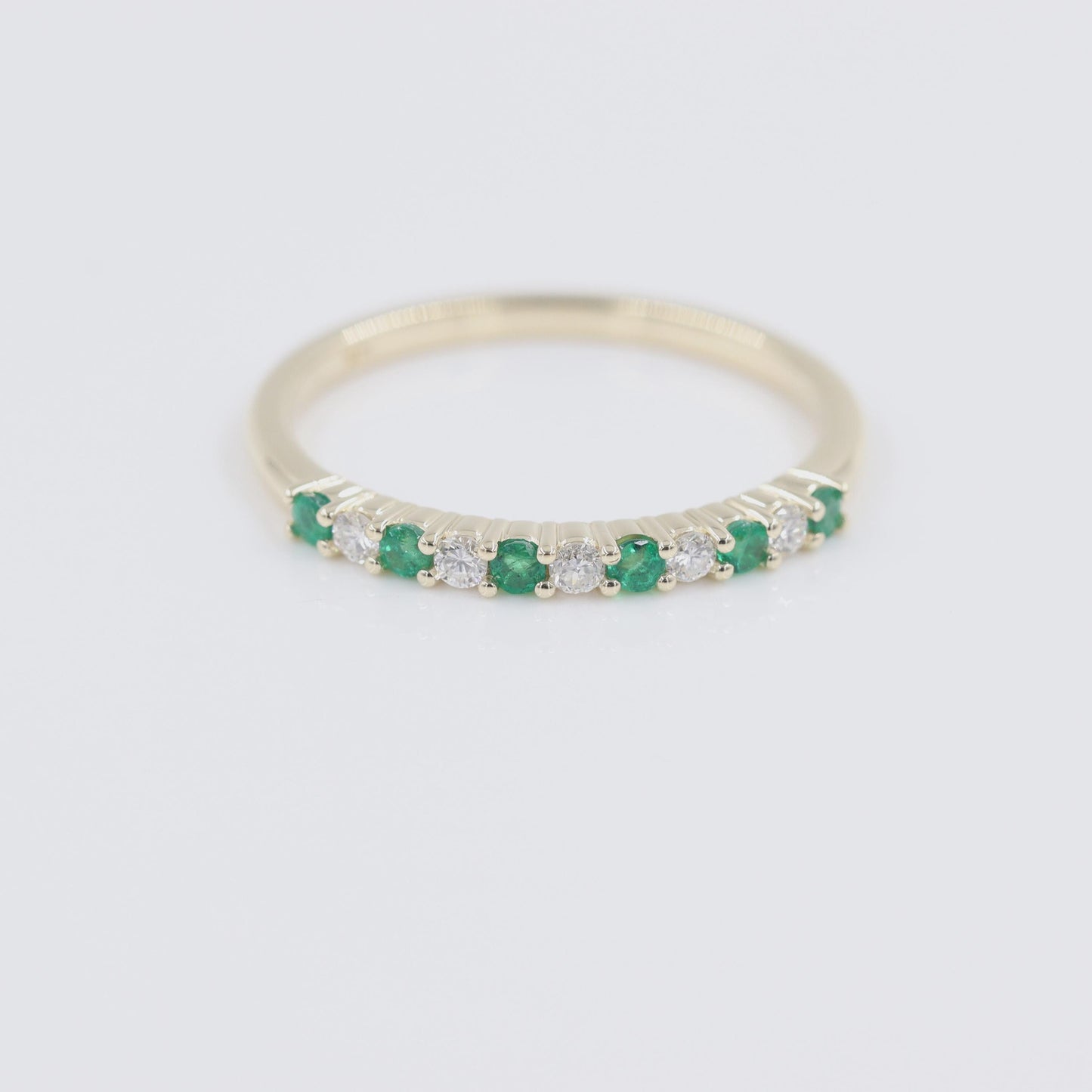Emerald & Natural Diamond Half Eternity Ring: 14K Gold Stackable Wedding Band- Anniversary Gift