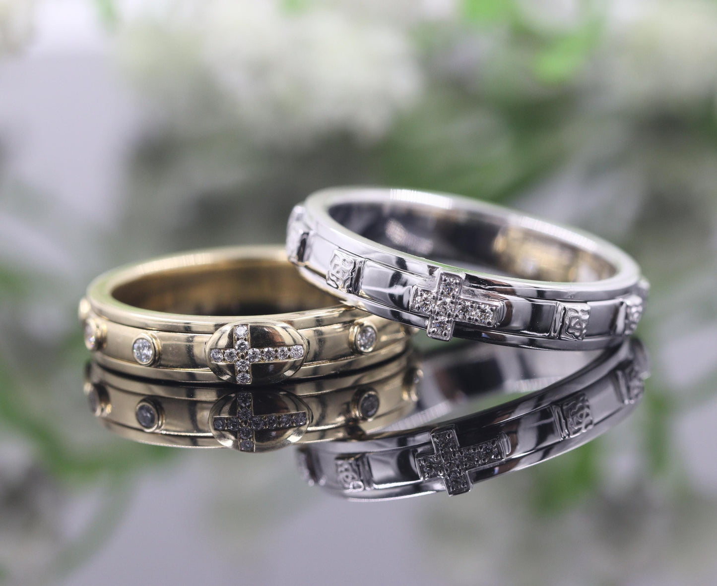 14K Gold Natural Diamond Rosary Ring: Delicate Christian Width 4.5mm Band, Non-Spinning- Anniversary Gift