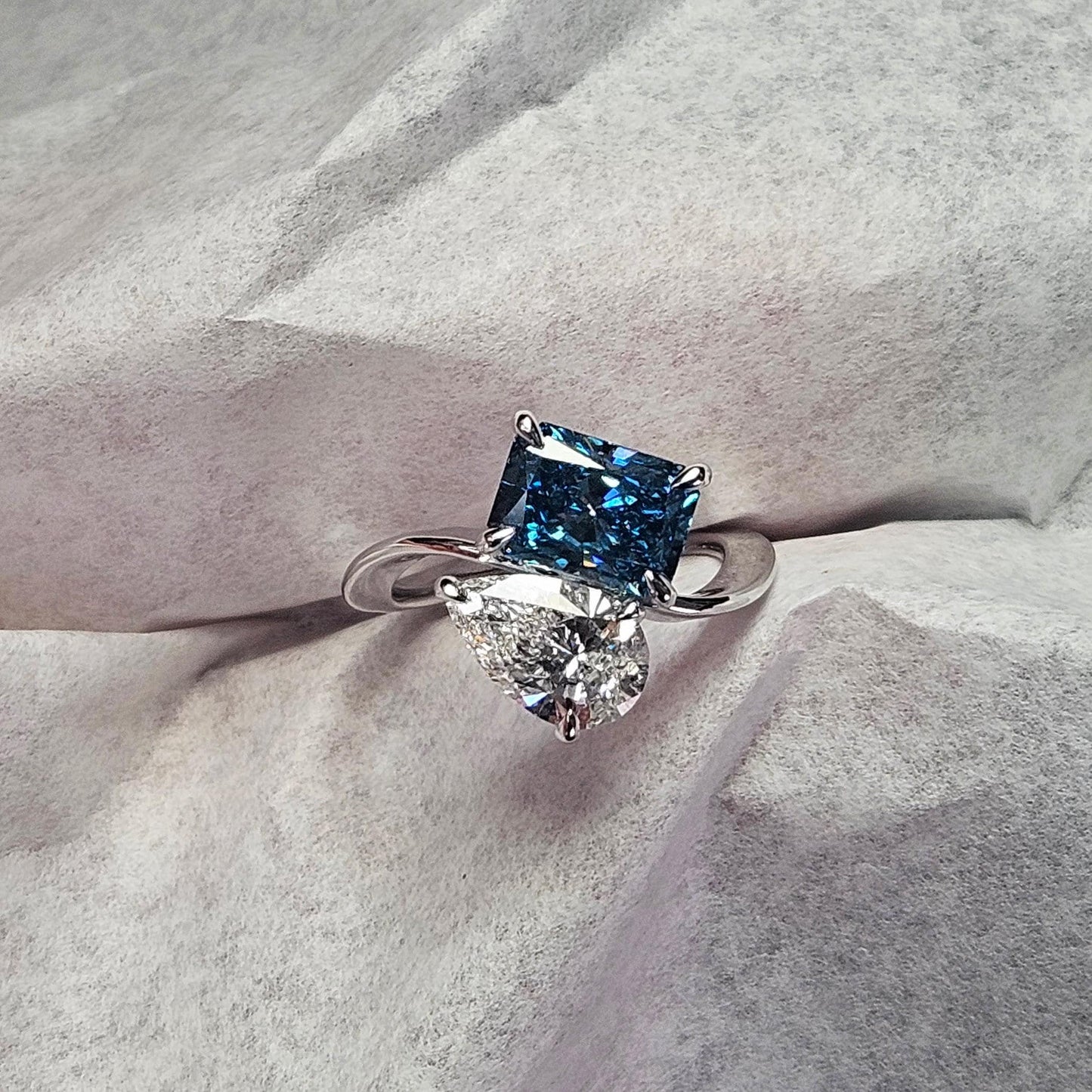 Pear, Radiant Cut Diamond Ring - Two Stones Diamond Ring - Unique Anniversary Ring - Anniversary gift
