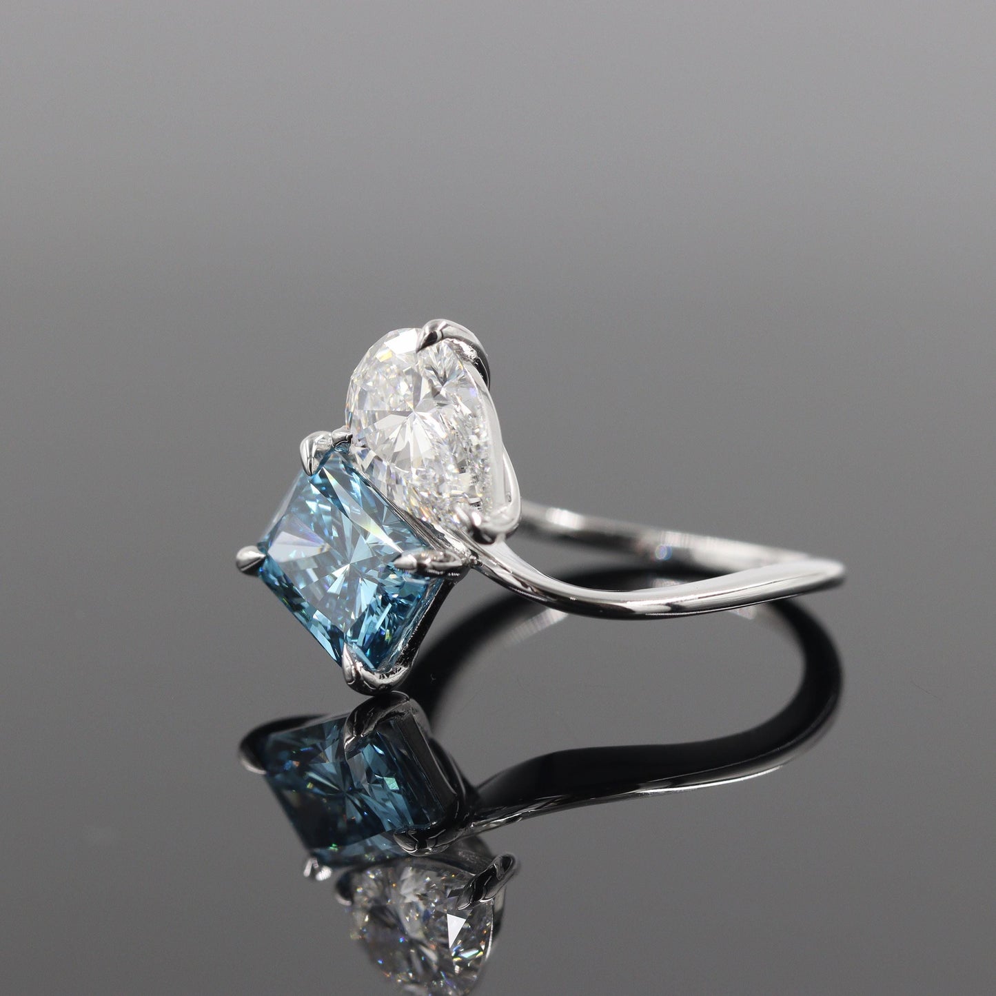 Pear, Radiant Cut Diamond Ring - Two Stones Diamond Ring - Unique Anniversary Ring - Anniversary gift