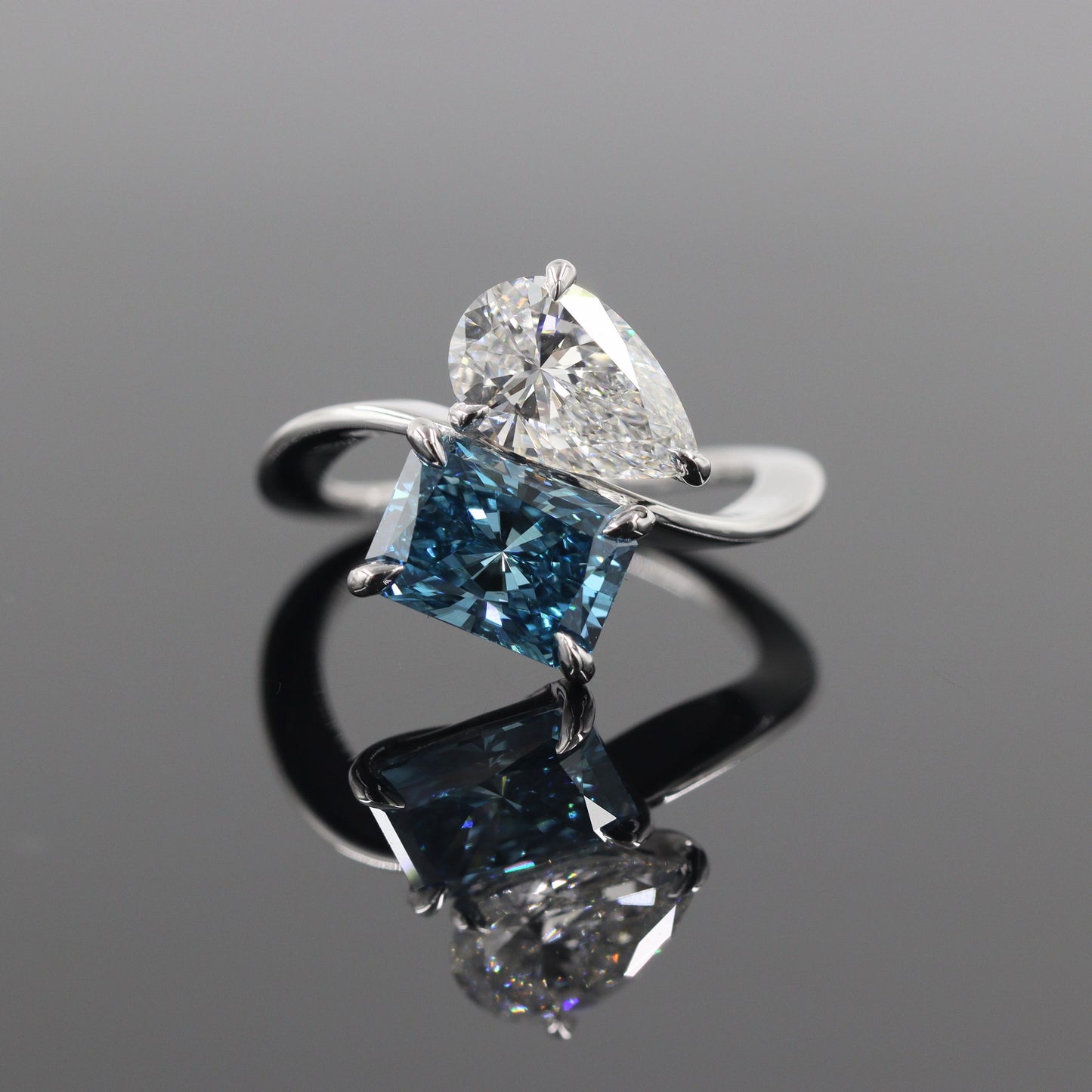 Pear, Radiant Cut Diamond Ring - Two Stones Diamond Ring - Unique Anniversary Ring - Anniversary gift