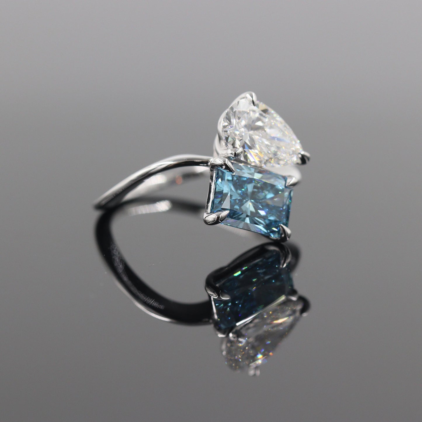 Pear, Radiant Cut Diamond Ring - Two Stones Diamond Ring - Unique Anniversary Ring - Anniversary gift