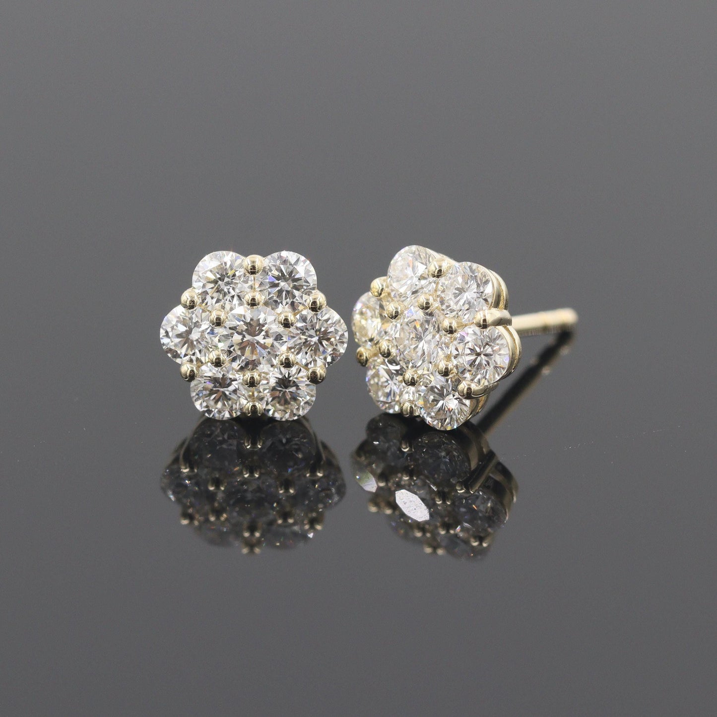 1.1ct Natural Diamond Cluster Earrings: 14K Gold Halo Studs, European Lock - Anniversary gift