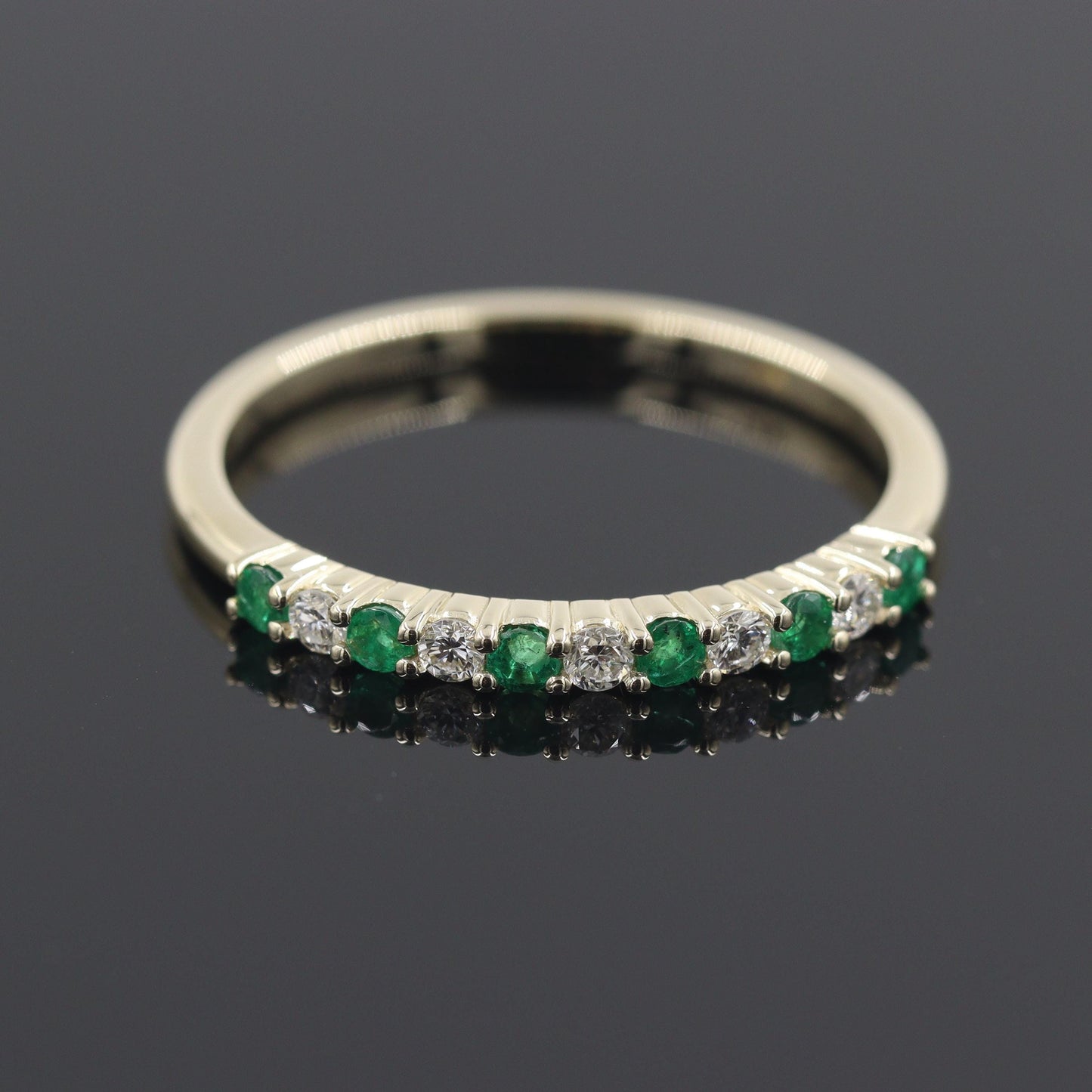Emerald & Natural Diamond Half Eternity Ring: 14K Gold Stackable Wedding Band- Anniversary Gift