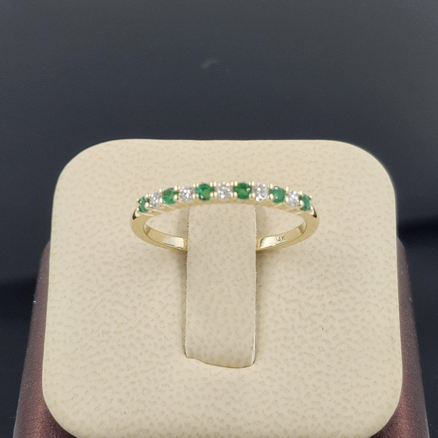 Emerald & Natural Diamond Half Eternity Ring: 14K Gold Stackable Wedding Band- Anniversary Gift