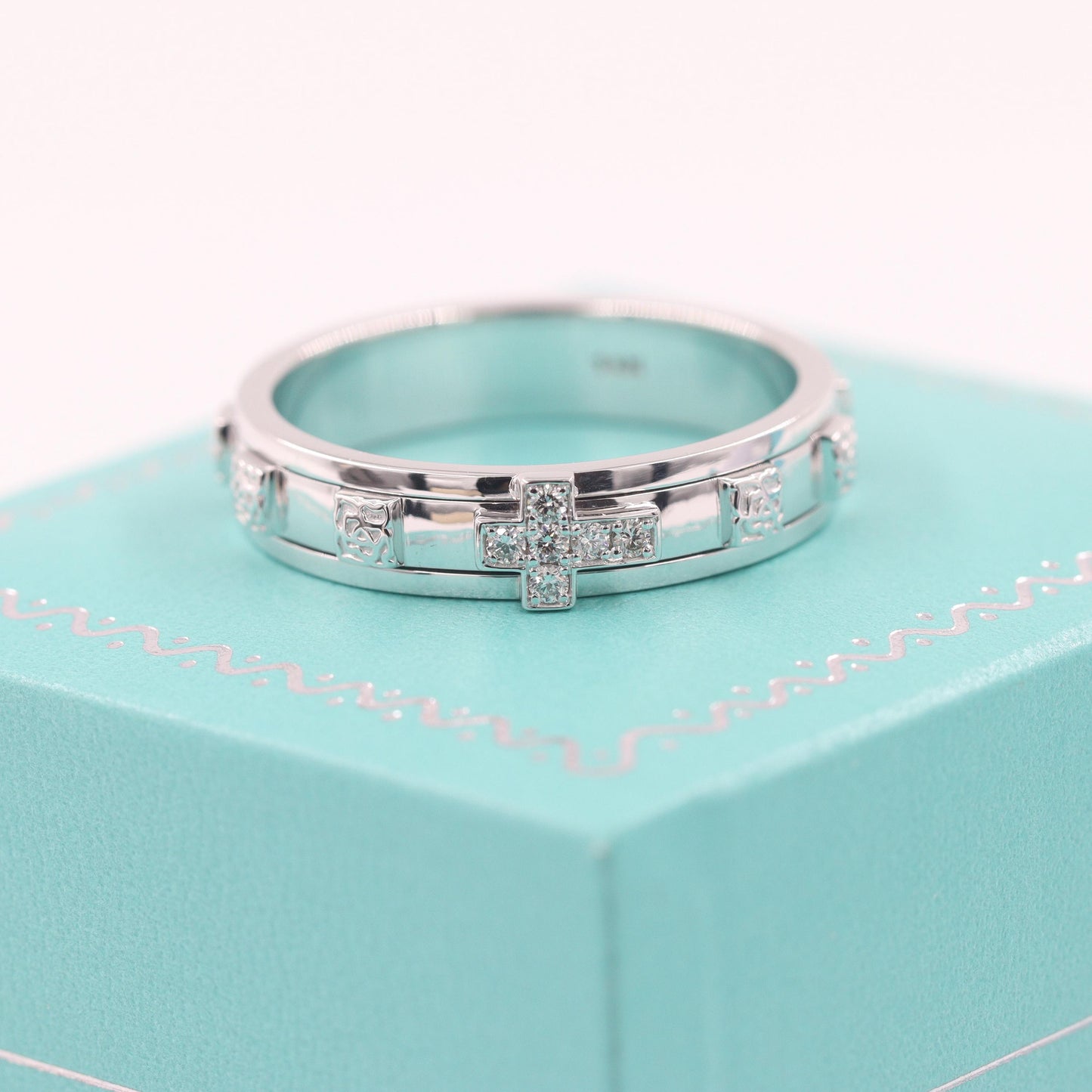 14K Gold Natural Diamond Rosary Ring: Christian Anniversary Gift