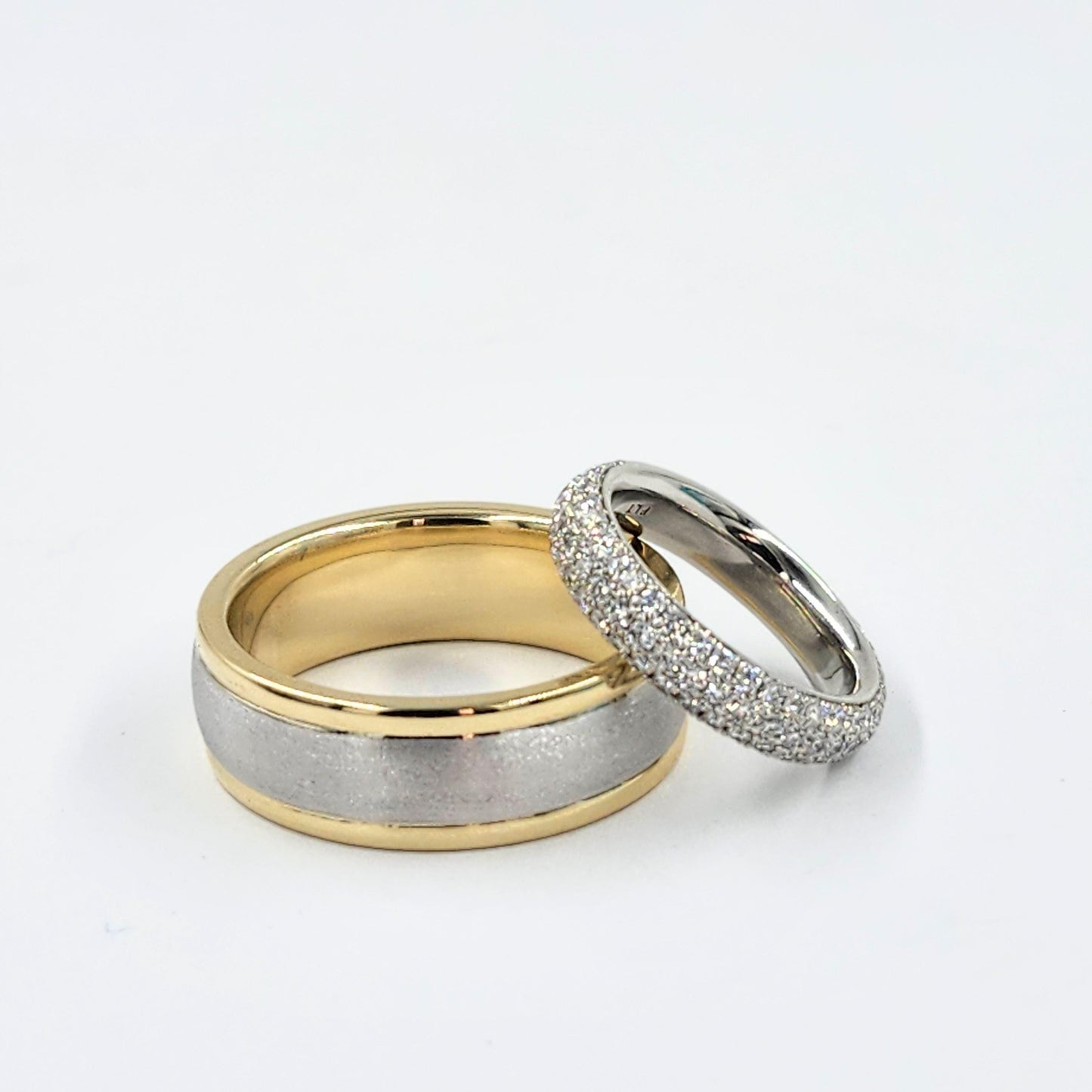 Handmade 14K Two Tone Gold Wedding Band - Engraved Low Oval Ring