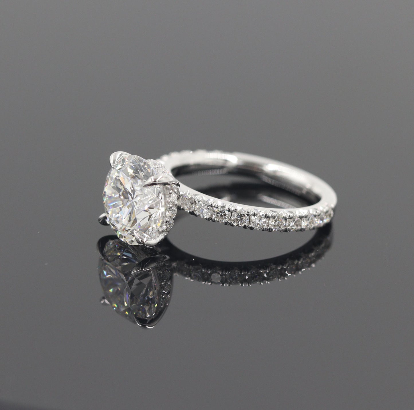 Round Diamond Engagement Ring, 14K Gold French Pave Hidden Halo Diamond 4 Prong Ring - Anniversary gift