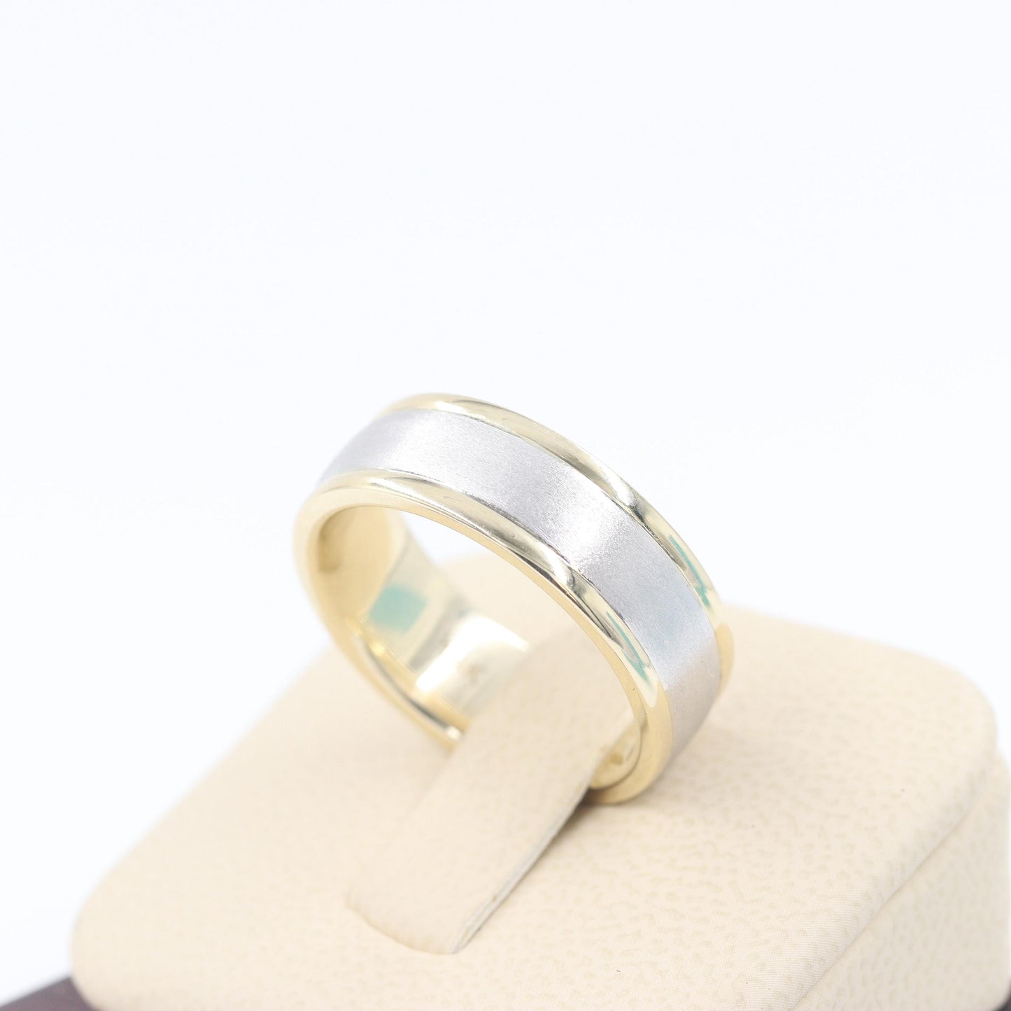 Handmade 14K Two Tone Gold Wedding Band - Engraved Low Oval Ring