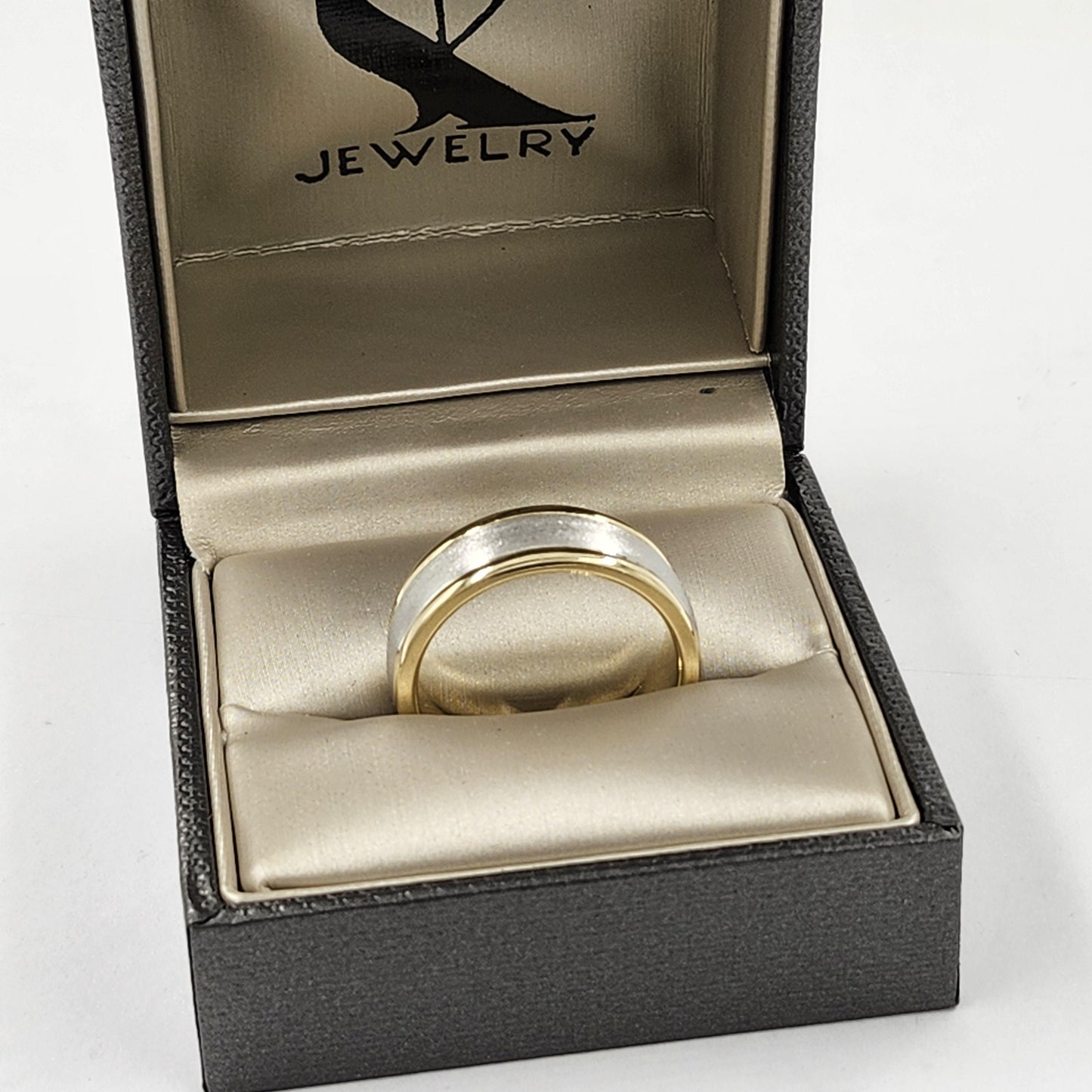 Handmade 14K Two Tone Gold Wedding Band - Engraved Low Oval Ring