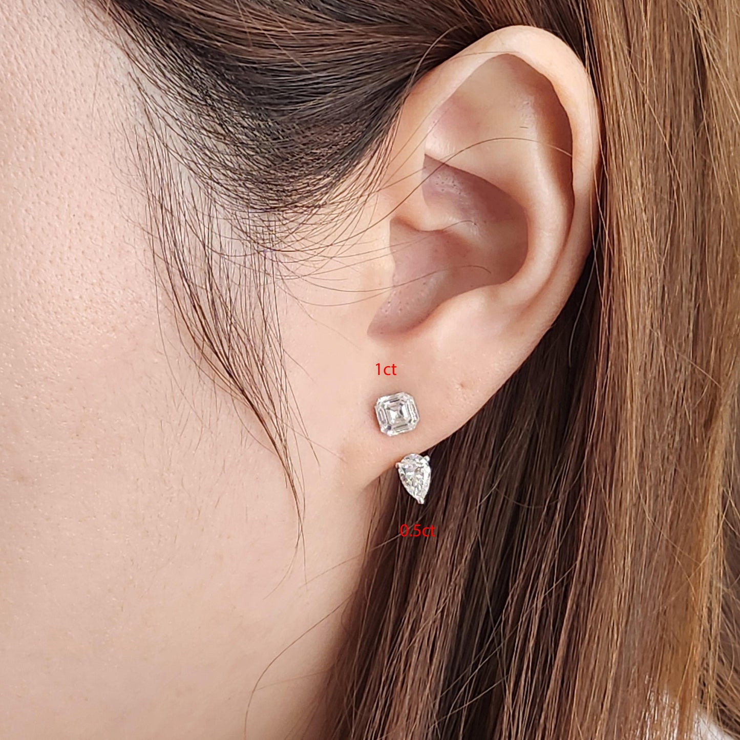 Asscher Cut Diamond Solitaire Earrings: 14K Gold Invisible Setting Stud Earring / Anniversary gift